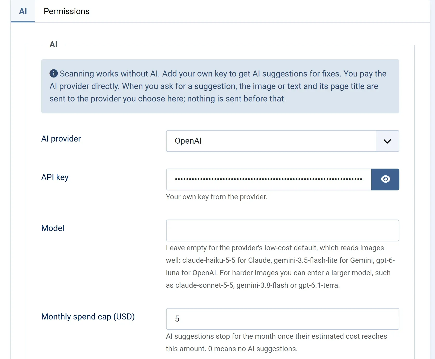 The AI tab of the Options: the note that scanning works without AI, the AI provider set to OpenAI, the API key, the empty Model field with the default models, and the Monthly spend cap of 5.