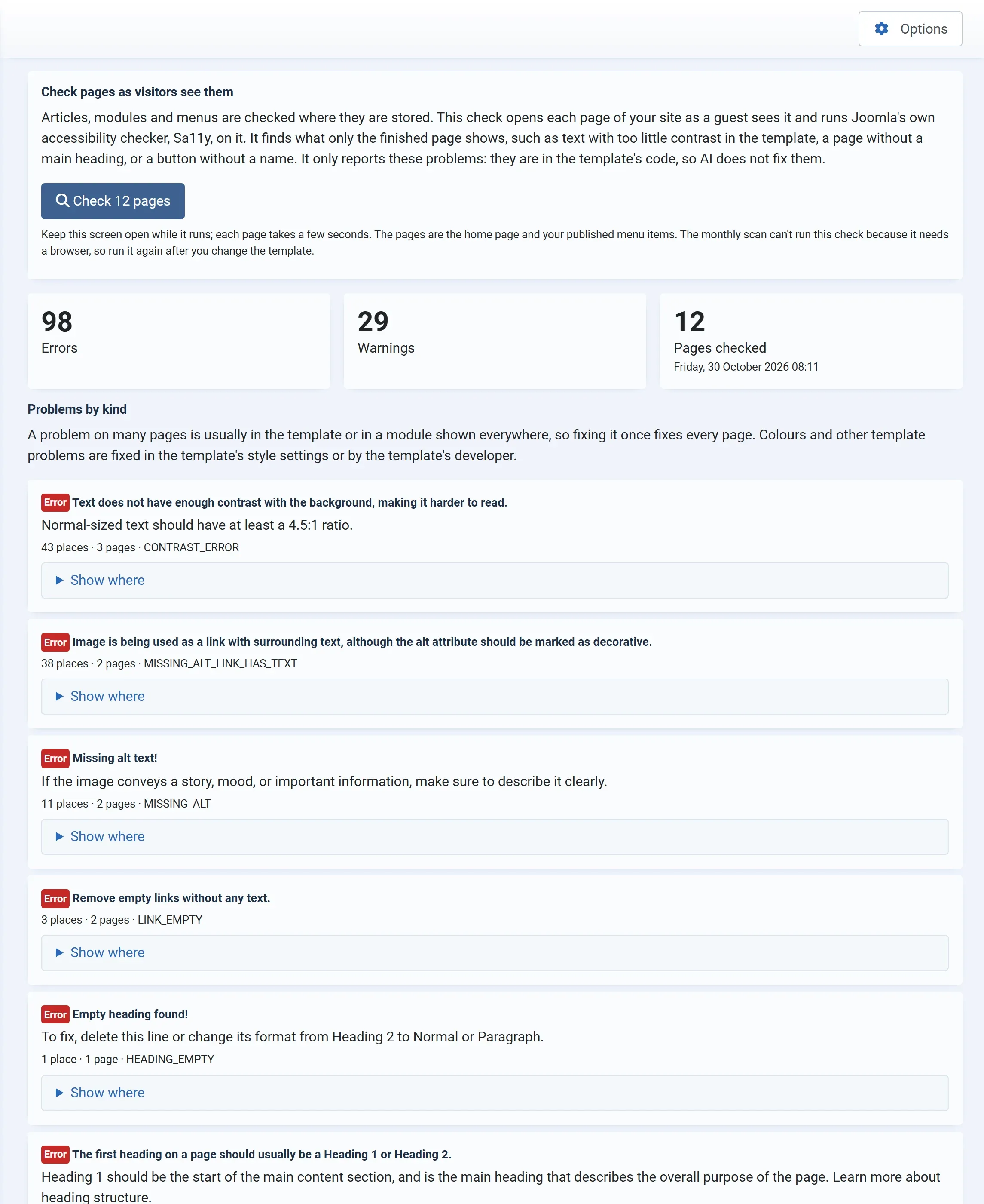 The Pages screen after a check: 98 errors, 29 warnings, 12 pages checked, and problems by kind, such as text without enough contrast in 43 places on 3 pages, each with Show where.