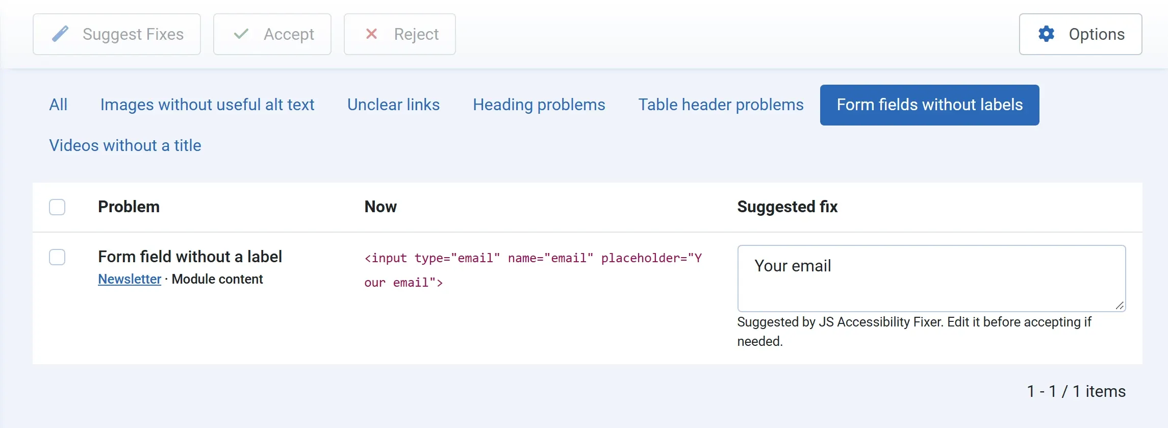 The Form fields without labels tab: an email field with the placeholder “Your email” in the Newsletter module, with the suggested label “Your email”.