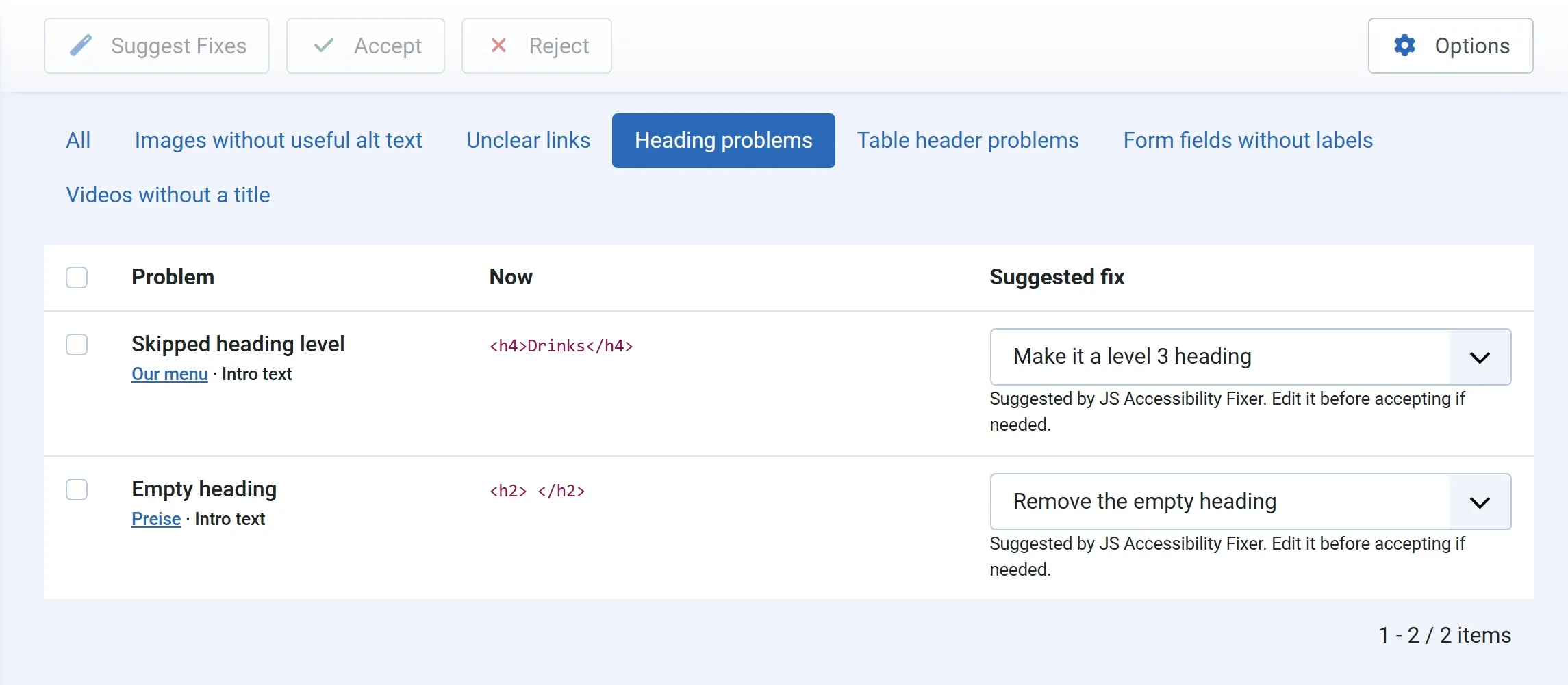 The Heading problems tab: a skipped heading level “Drinks” with the fix “Make it a level 3 heading”, and an empty heading with the fix “Remove the empty heading”.