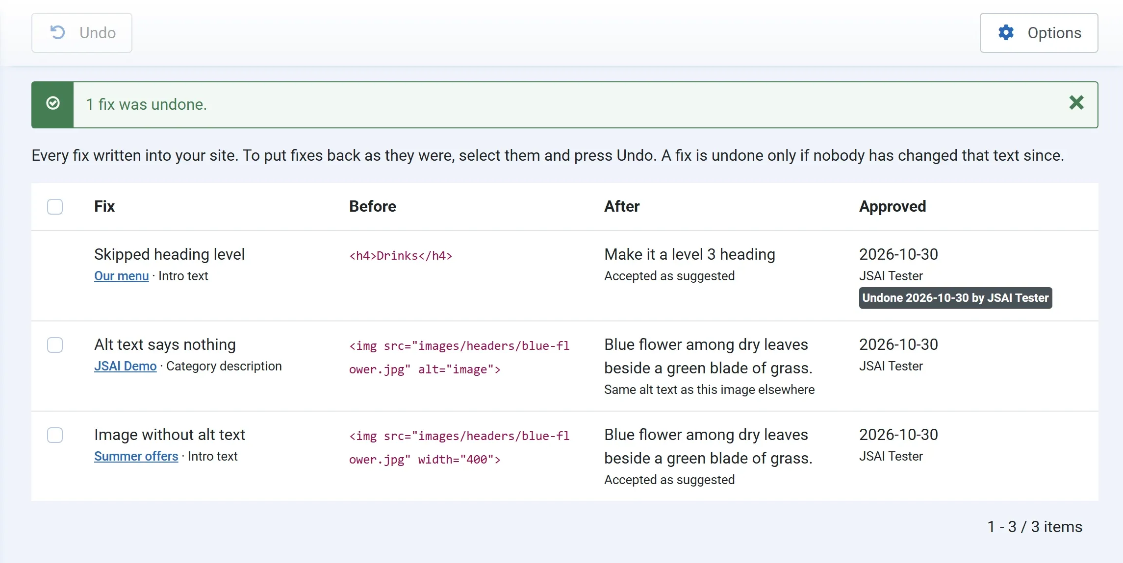 The History after an undo: the message “1 fix was undone.” and the heading fix marked “Undone 2026-10-30 by JSAI Tester”.