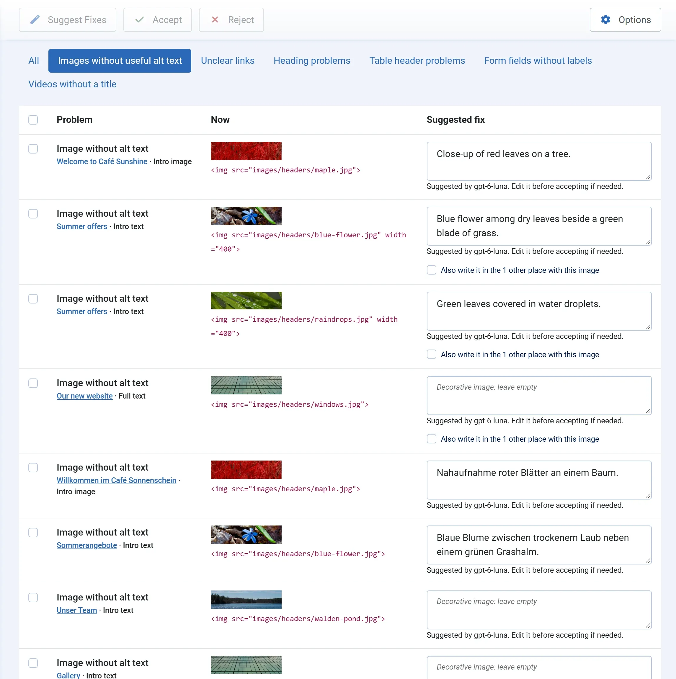 The Images tab of the Fix Queue with suggestions: “Close-up of red leaves on a tree.”, “Blue flower among dry leaves beside a green blade of grass.”, German alt text for a German article, and decorative images with an empty box.