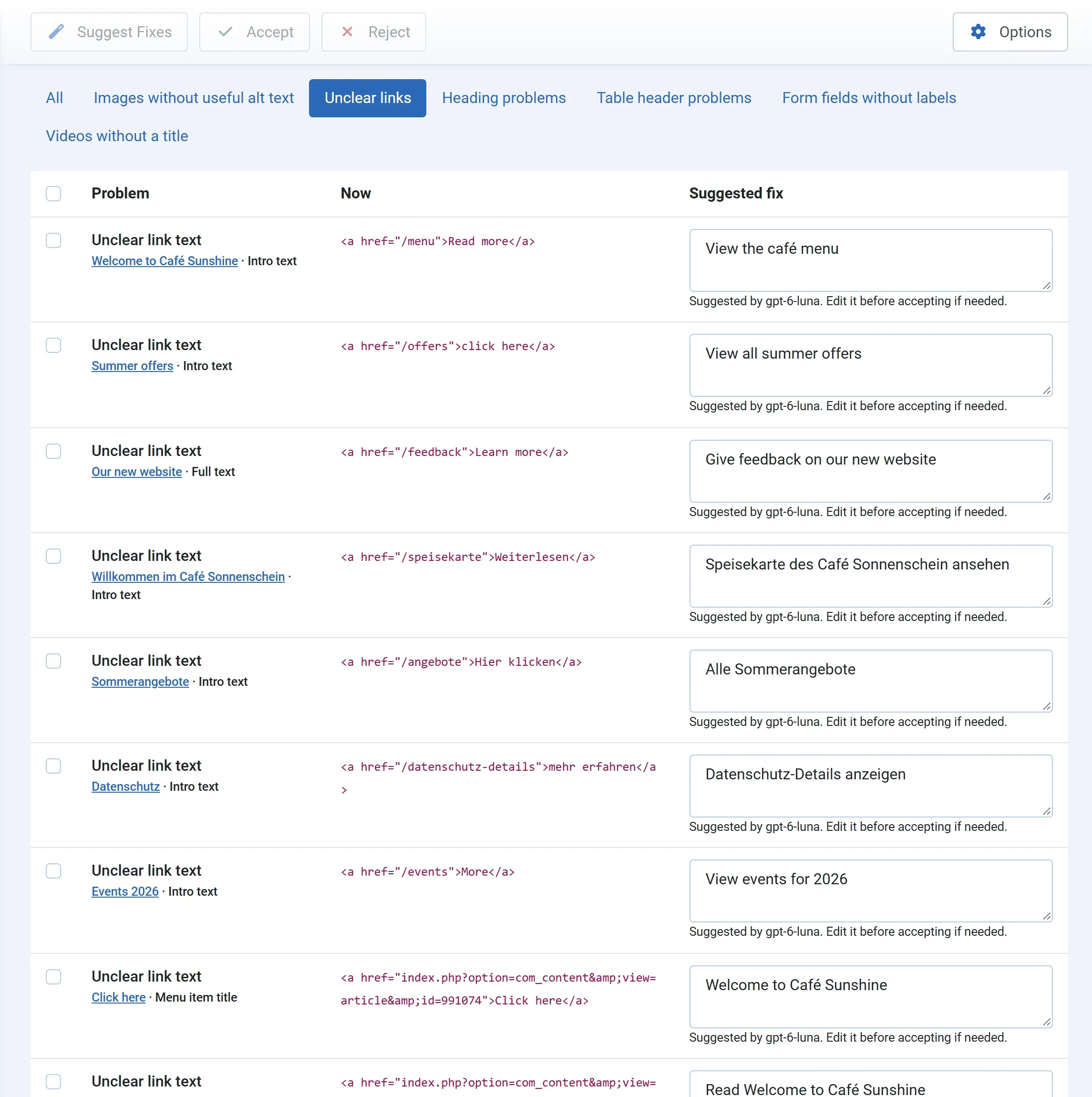 The Unclear links tab with suggestions: “Read more” becomes “View the café menu”, “click here” becomes “View all summer offers”, “Weiterlesen” becomes “Speisekarte des Café Sonnenschein ansehen”, and the menu item “Click here” becomes “Welcome to Café Sunshine”.