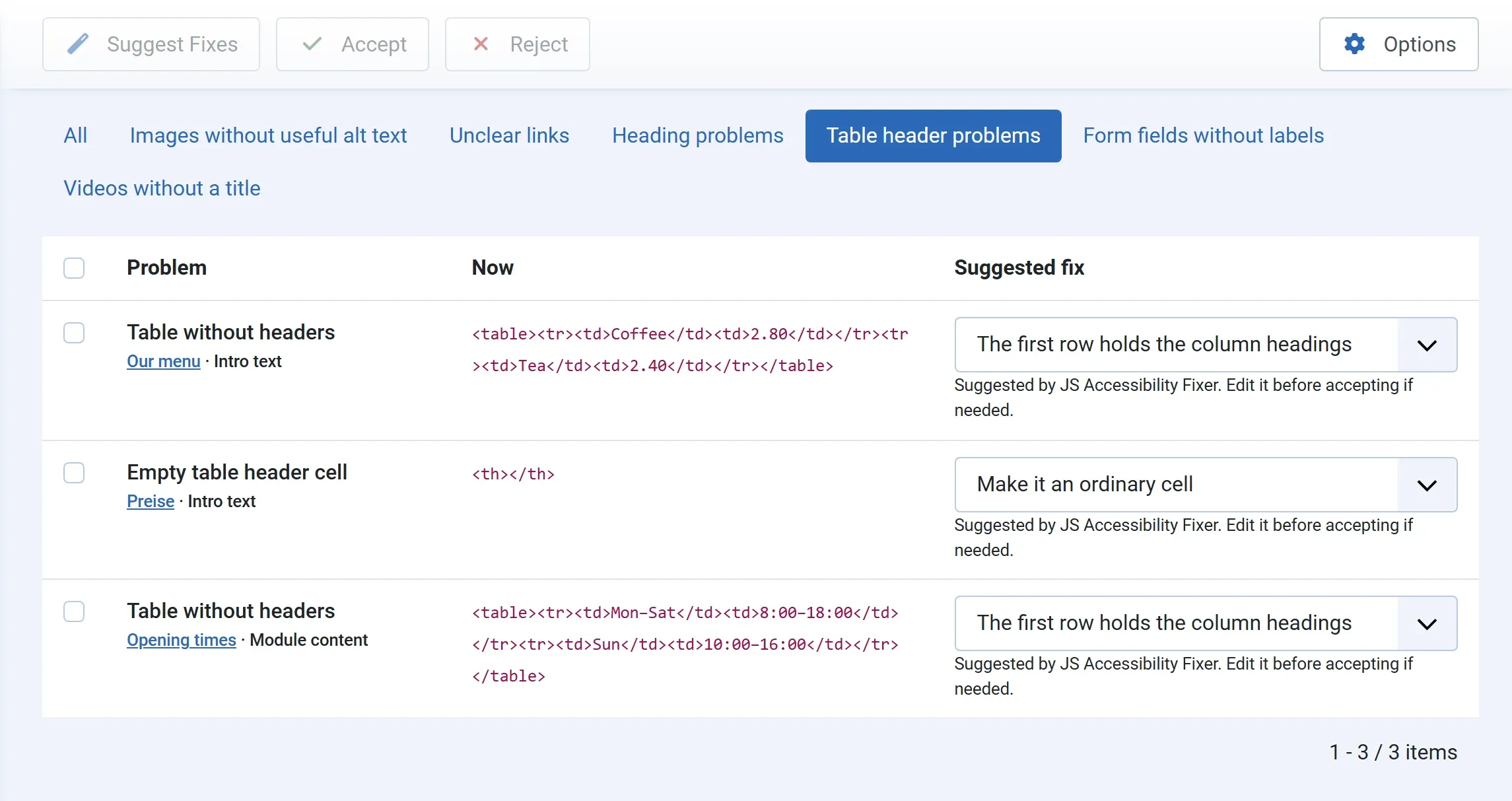The Table header problems tab: two tables without headers with the fix “The first row holds the column headings”, and an empty header cell with the fix “Make it an ordinary cell”.