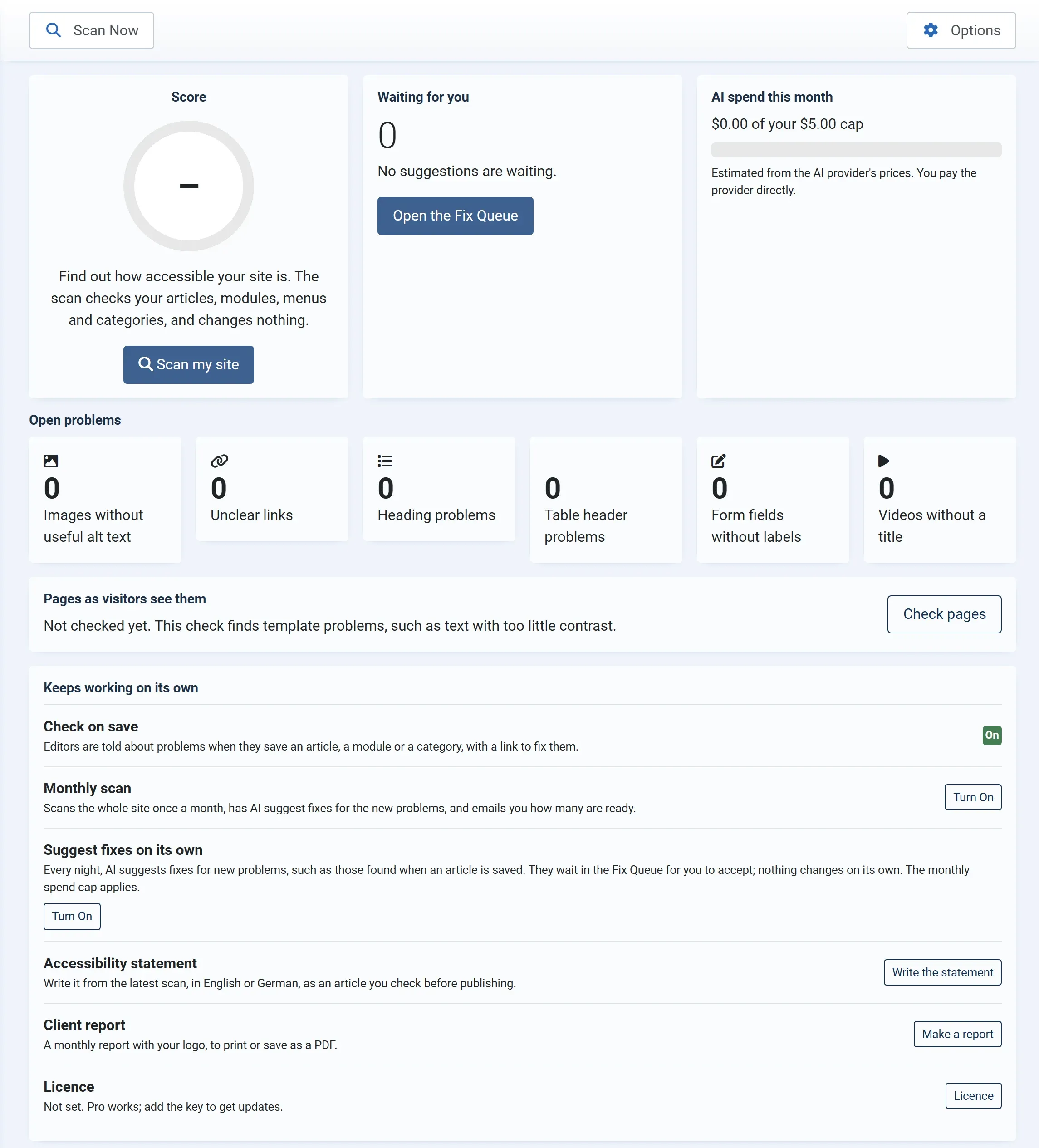 The dashboard before the first scan: an empty score ring, the Scan my site button, no suggestions waiting, and every problem card at 0.