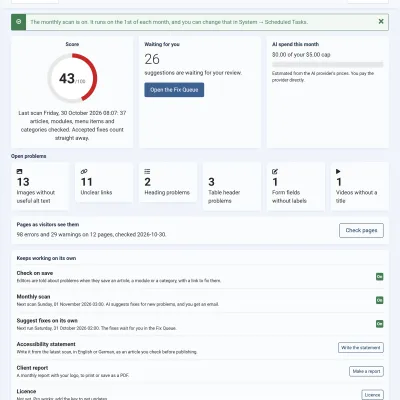 The JS Accessibility Fixer dashboard with the score, the suggestions waiting, the AI spend and the open problems.