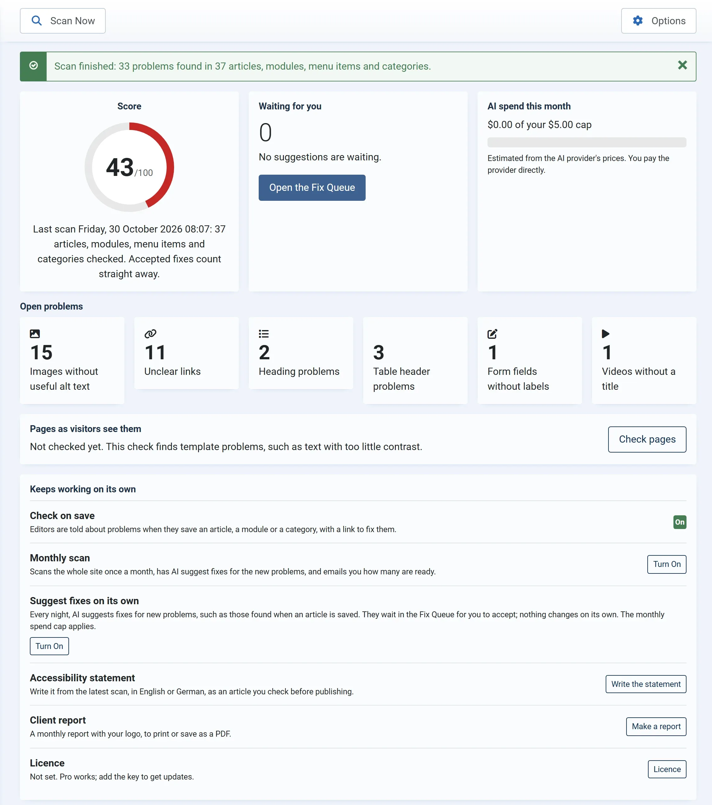 The dashboard after a scan: a score of 43 out of 100, 26 suggestions waiting, and cards with 13 images, 11 unclear links, 2 heading problems, 3 table header problems, 1 form field and 1 video.