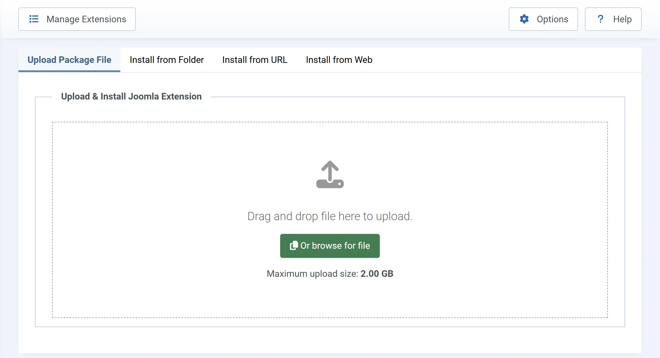 Joomla’s Extensions: Install screen on the Upload Package File tab, with the drop area for the package.
