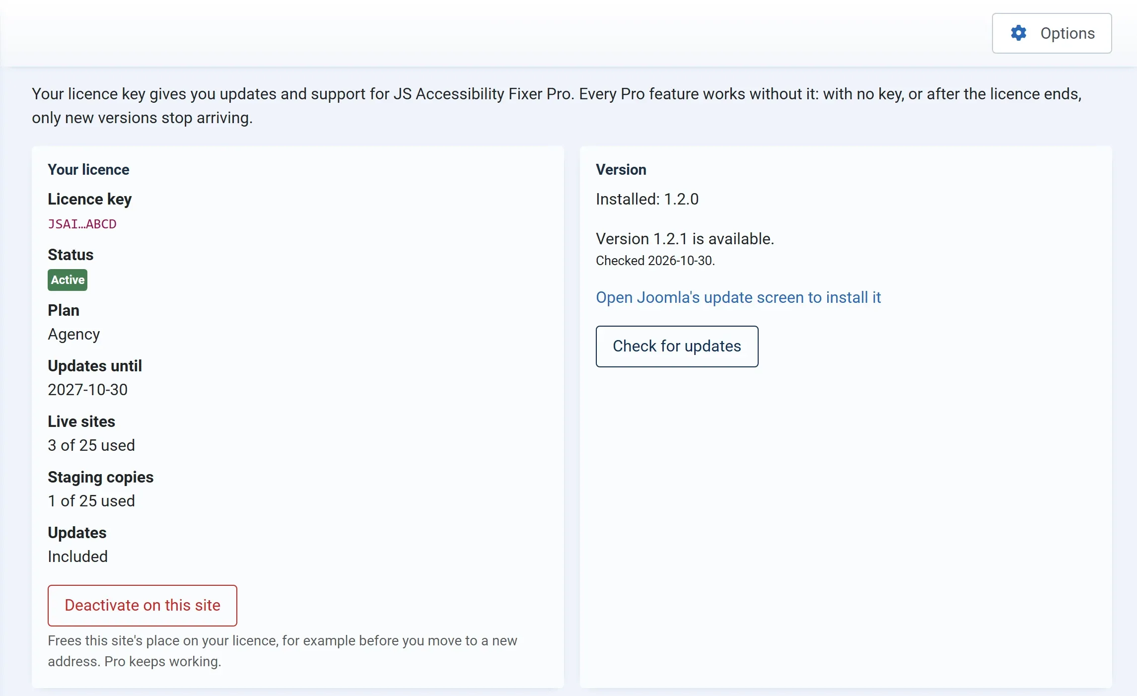 The Licence screen with an active key: status Active, the plan, updates until a date, live sites 3 of 25 used, staging copies 1 of 25 used, and version 1.2.1 available.