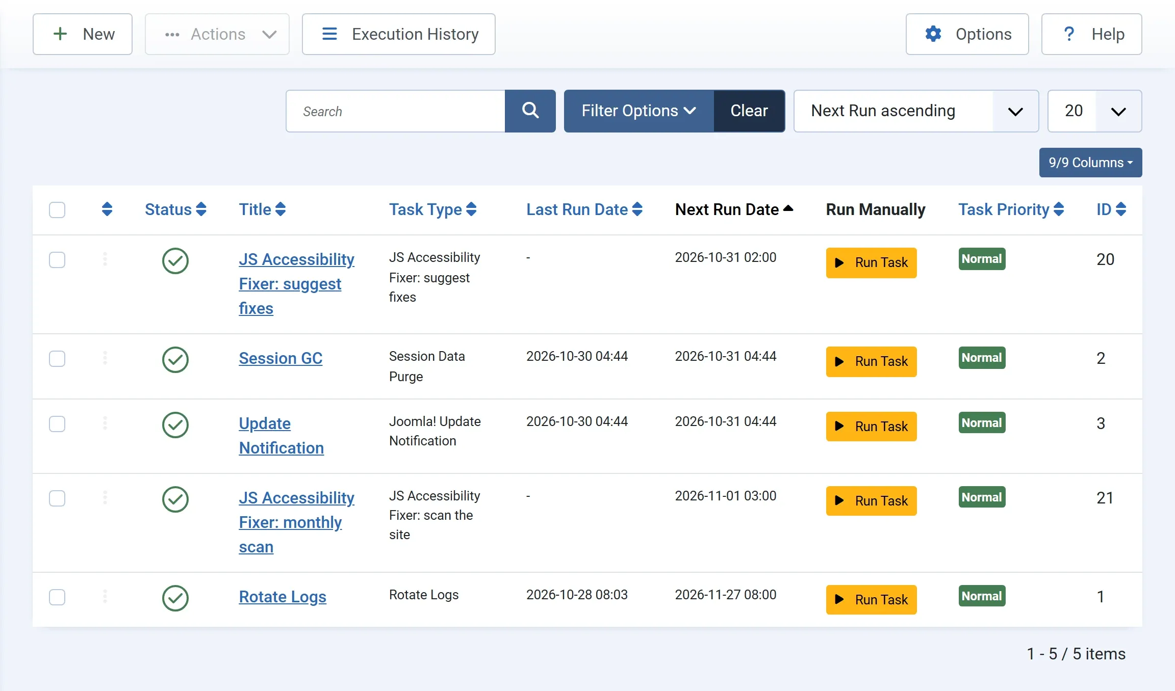 Joomla’s Scheduled Tasks list with JS Accessibility Fixer: suggest fixes, next run 2026-10-31 02, and JS Accessibility Fixer: monthly scan, next run 2026-11-01 03, among Joomla’s own tasks, each with a Run Task button.