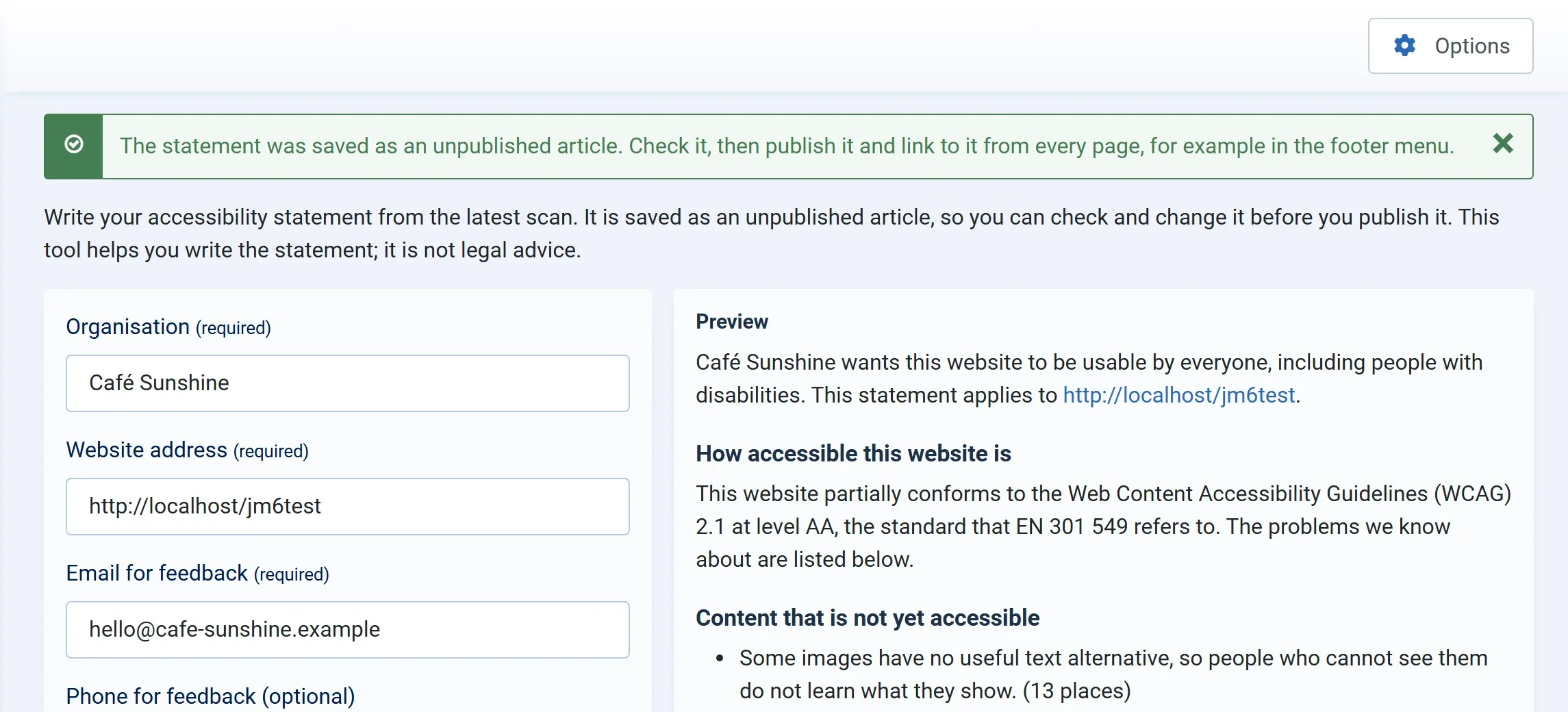 The message: The statement was saved as an unpublished article. Check it, then publish it and link to it from every page, for example in the footer menu.