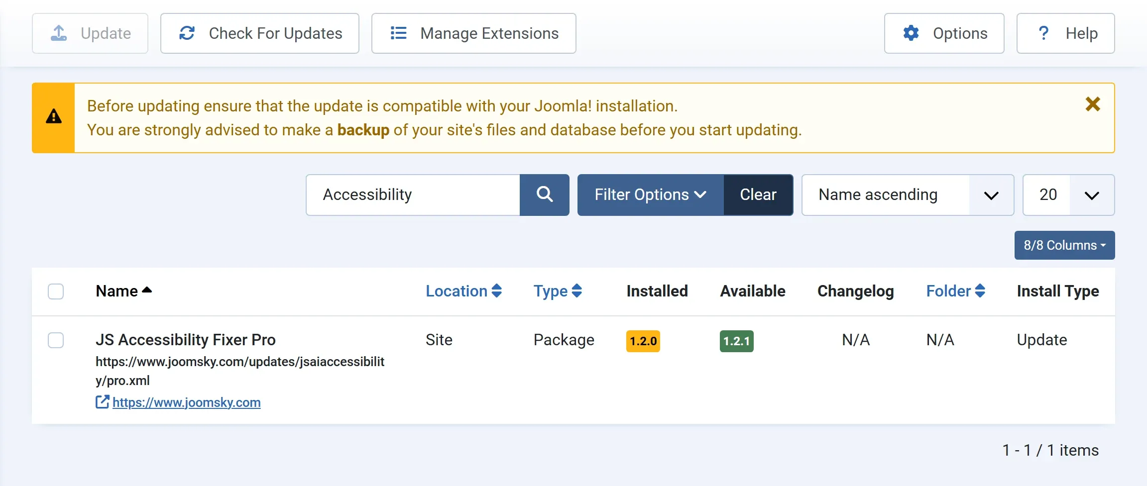 Joomla’s Extensions: Update screen filtered to Accessibility, listing JS Accessibility Fixer Pro, installed 1.2.0, available 1.2.1.