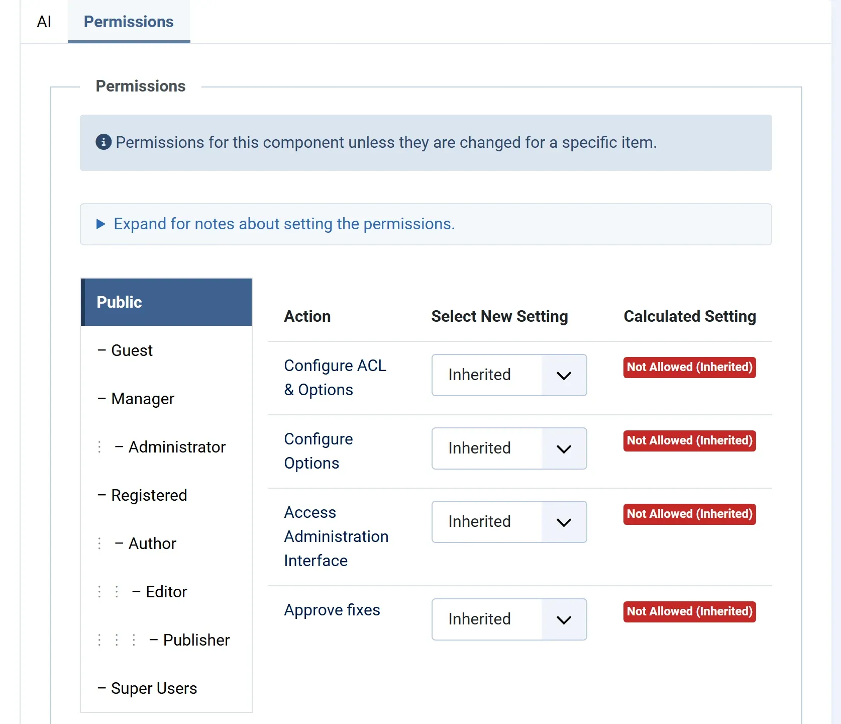 The Permissions tab of the Options: user groups on the left, and the actions Configure ACL & Options, Configure Options, Access Administration Interface and Approve fixes, each with Select New Setting and Calculated Setting.