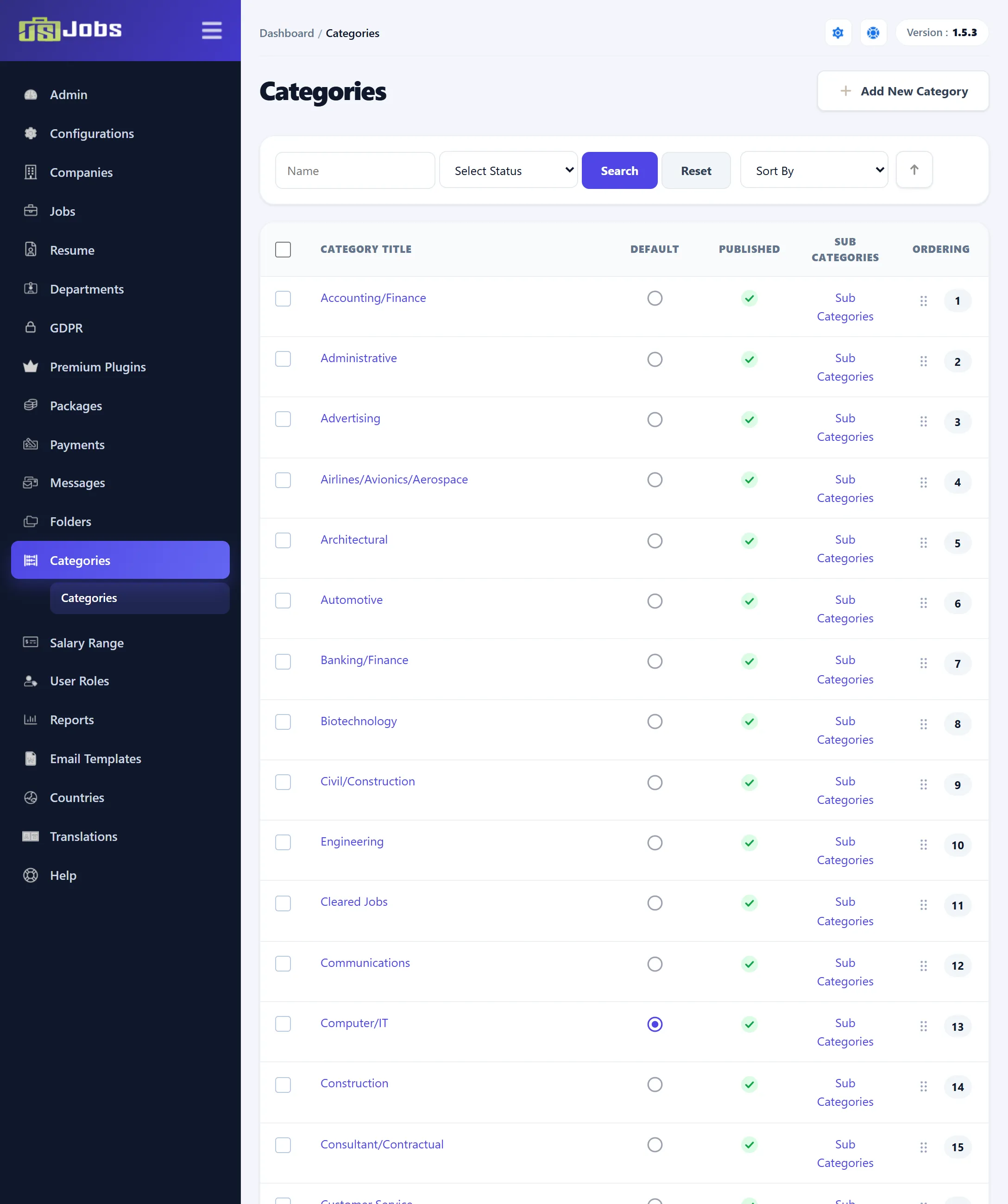 The Categories list: Category Title, Default, Published, Sub Categories and Ordering columns, with Computer/IT as the default.