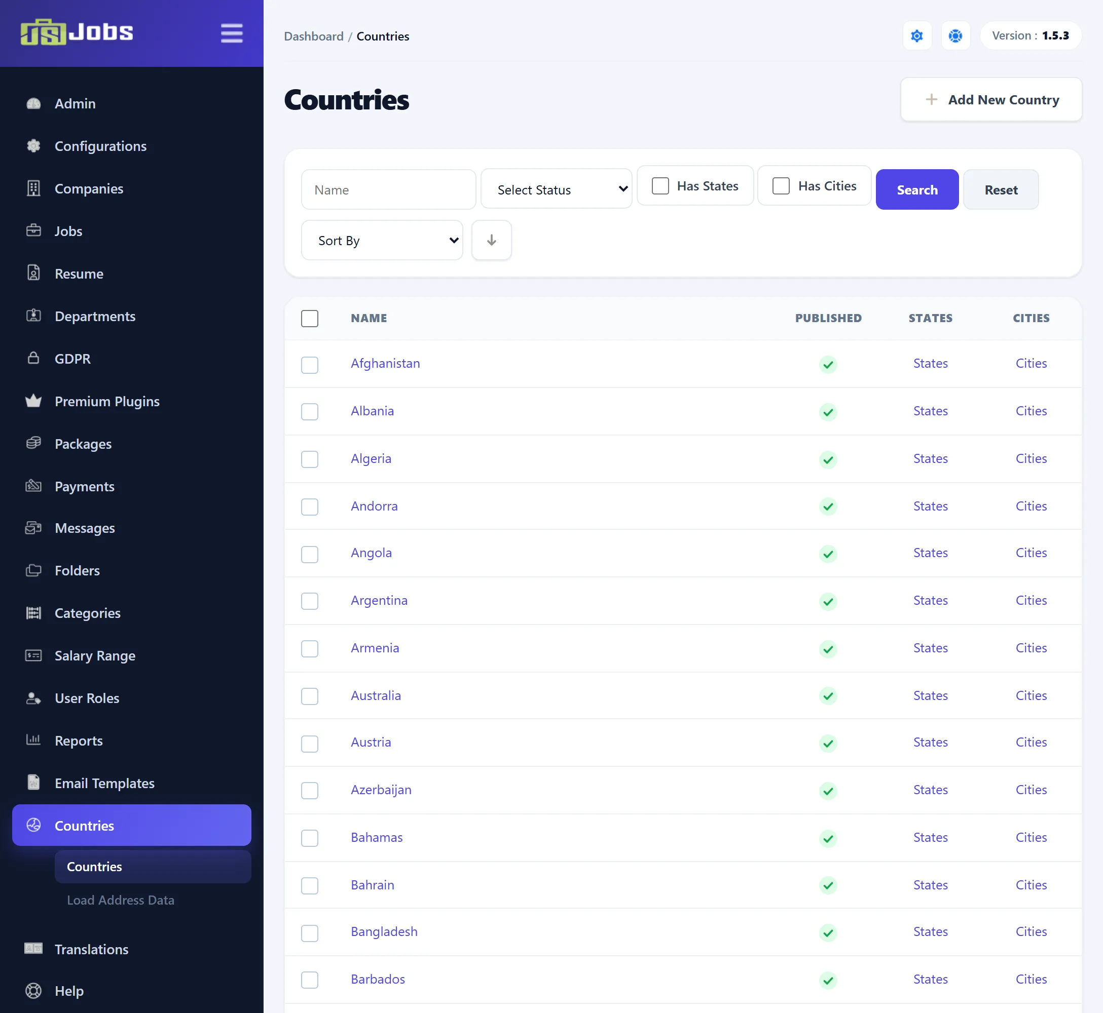 The Countries list: Name, Published, States and Cities columns, with the Has States and Has Cities filters.
