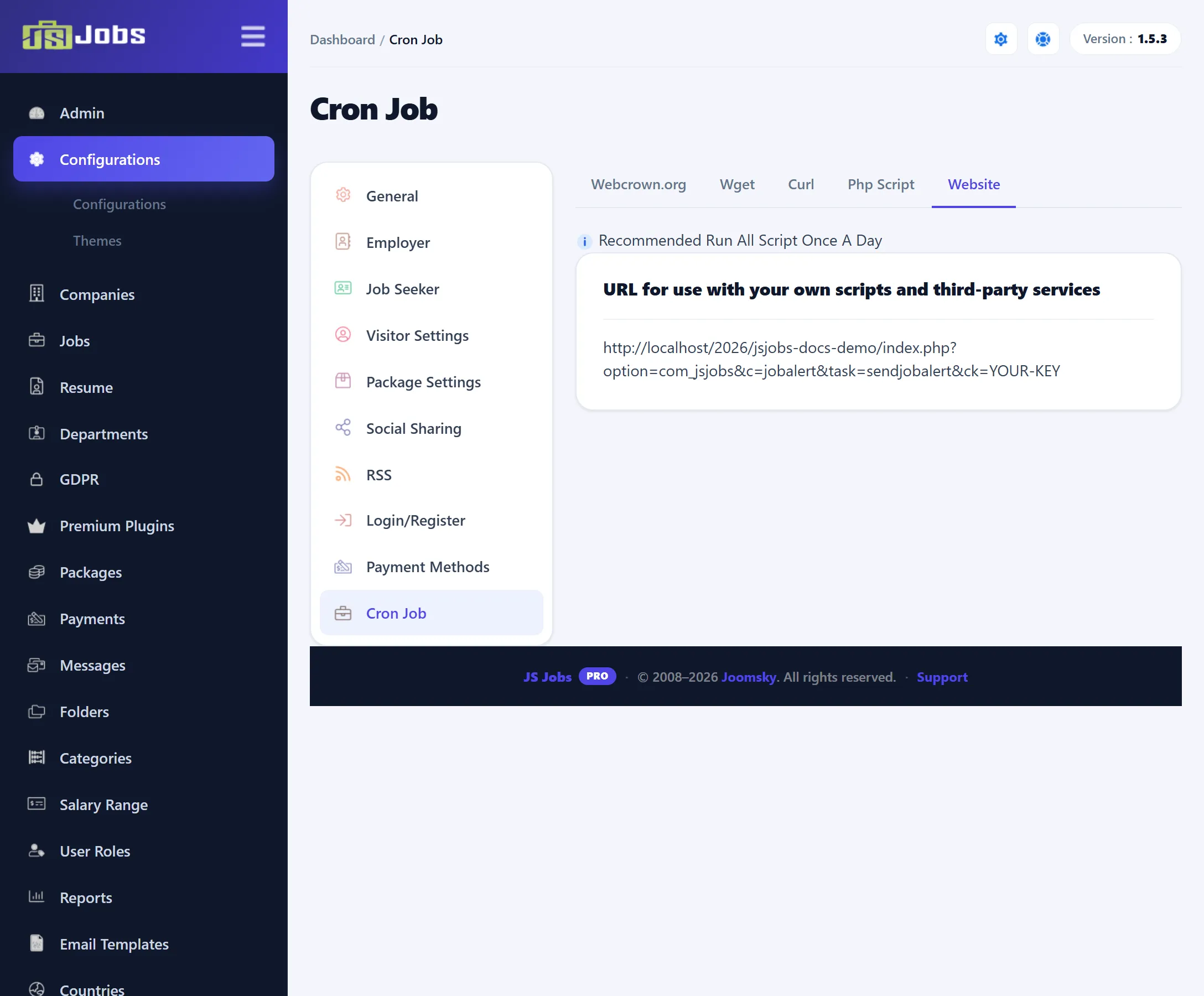 The Cron Job screen on its Website tab, with the address to call (the key hidden).