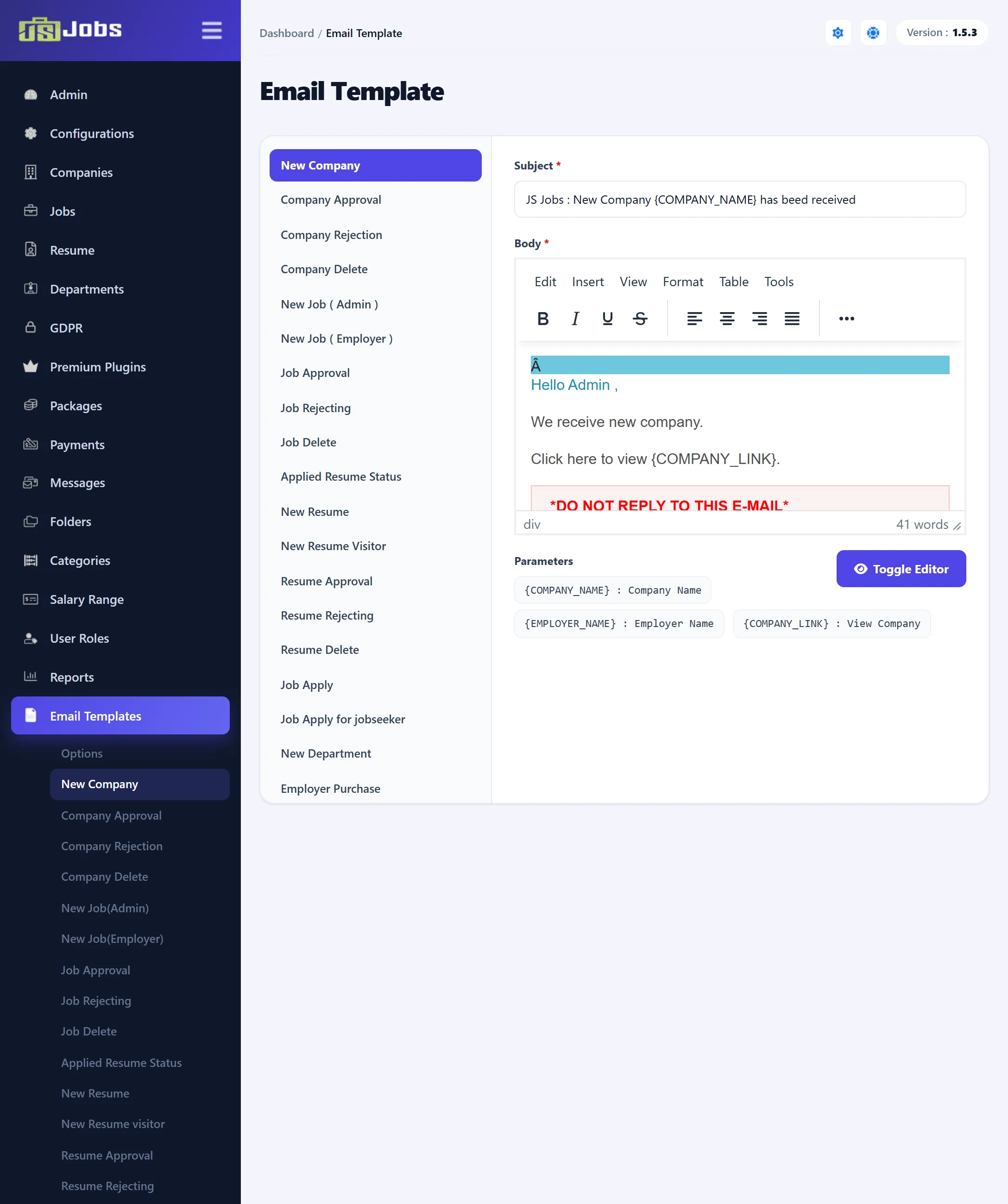 The Email Template screen with New Company selected: the list of template buttons on the left, the Subject box, the Body editor and the Parameters list below it.