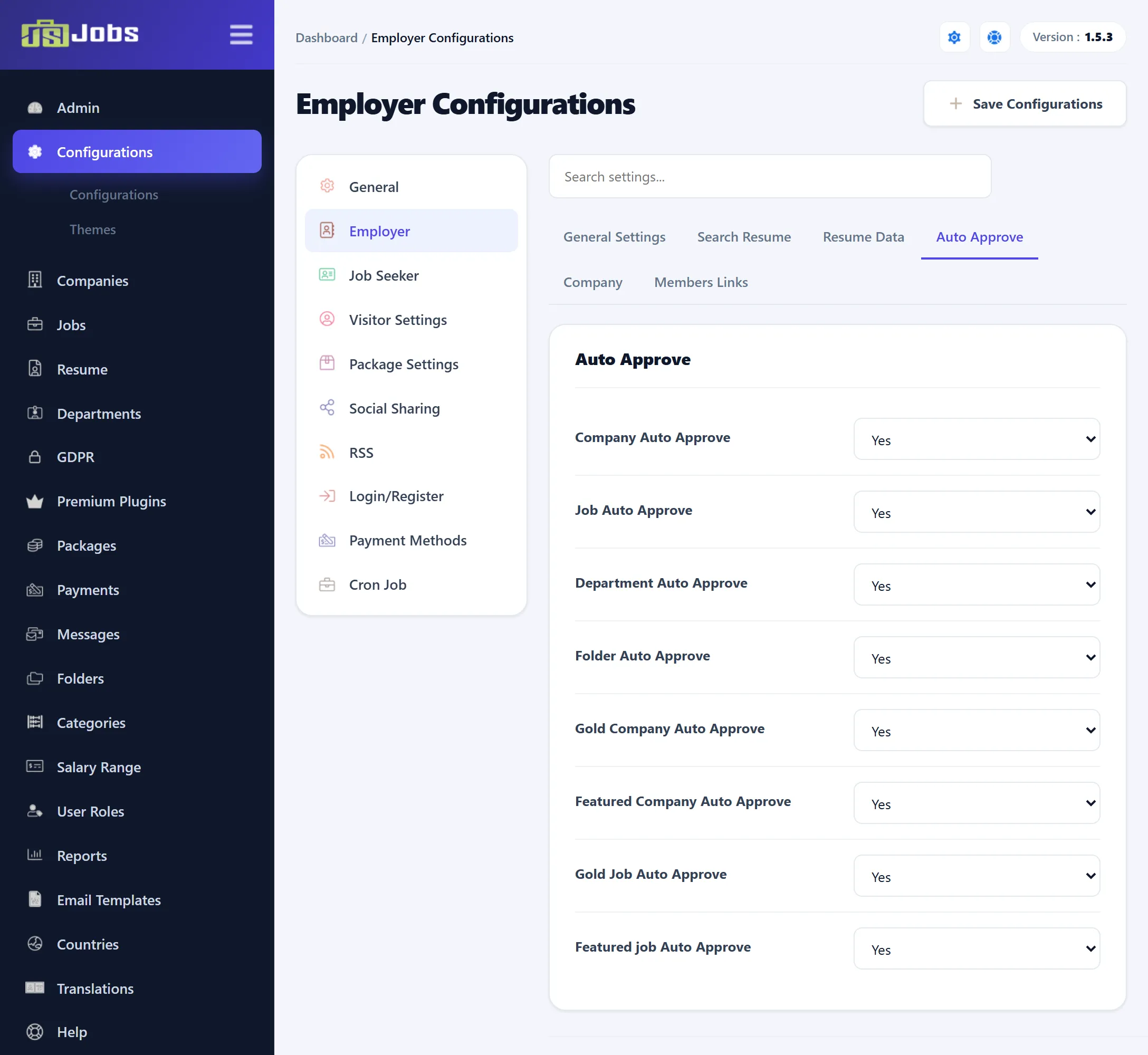 The Employer Configurations page on its Auto Approve tab.