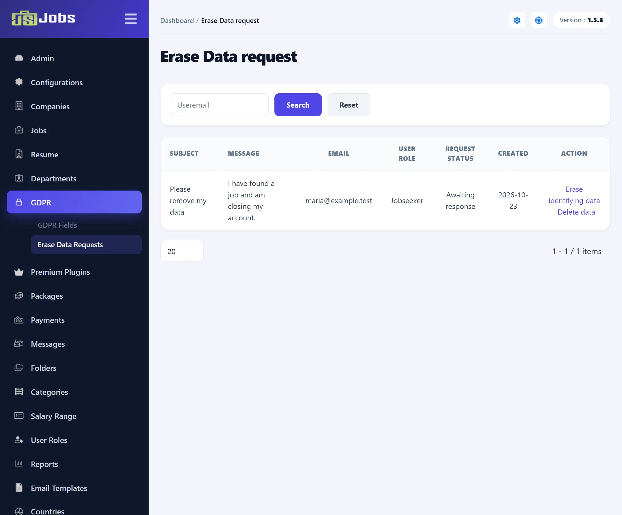 The Erase Data Requests list with one request from a job seeker, showing the Erase identifying data and Delete data buttons.