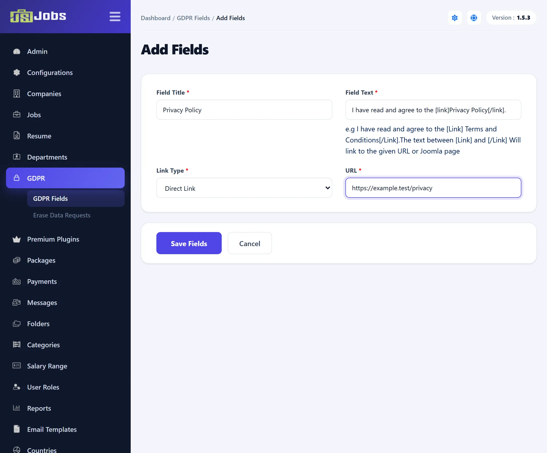 The GDPR Fields form: Field Title, Field Text with the [link] example under it, and Link Type.