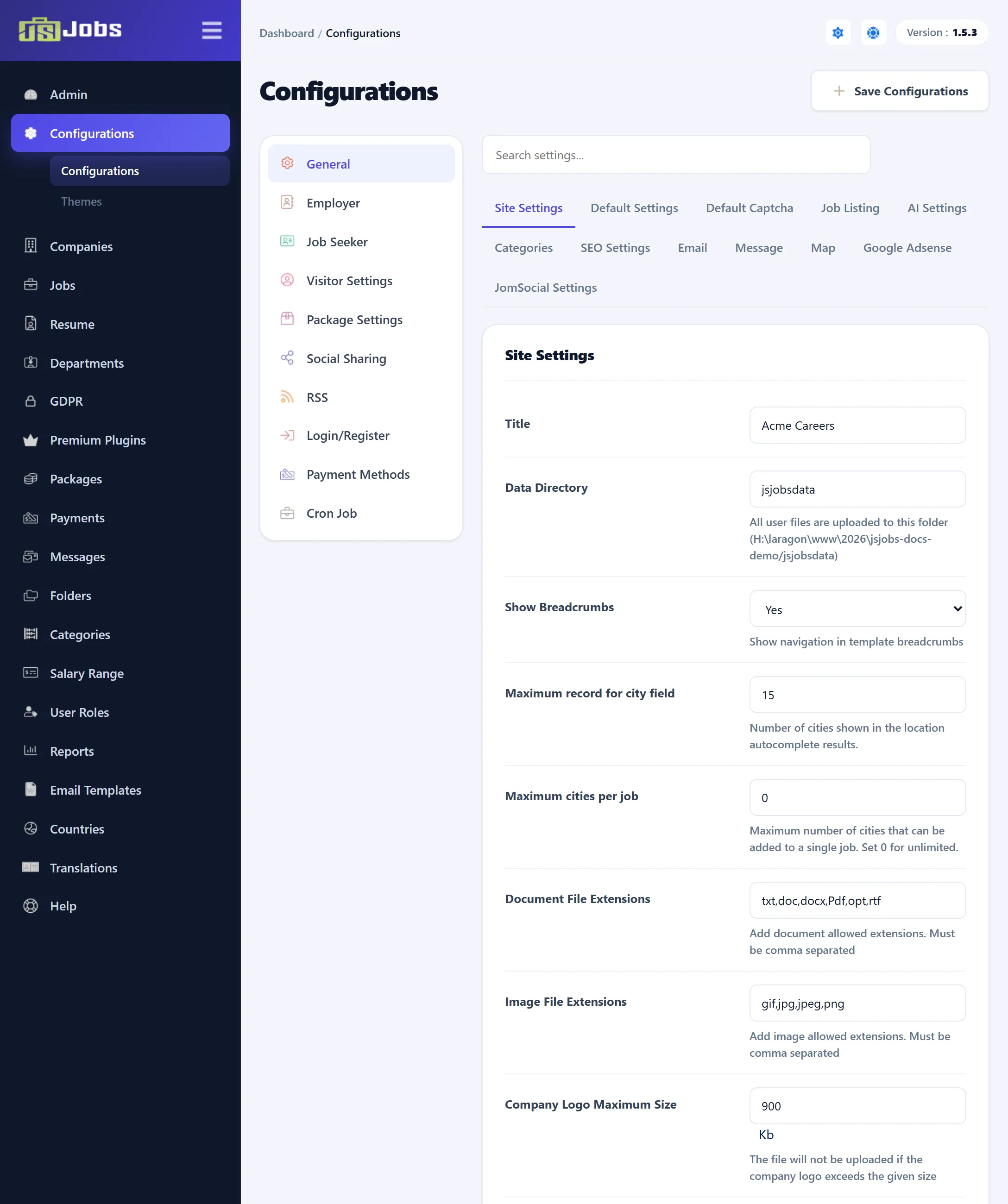The Configurations screen on the General section: the section list on the left, the search box, the row of tabs and the Site Settings tab.
