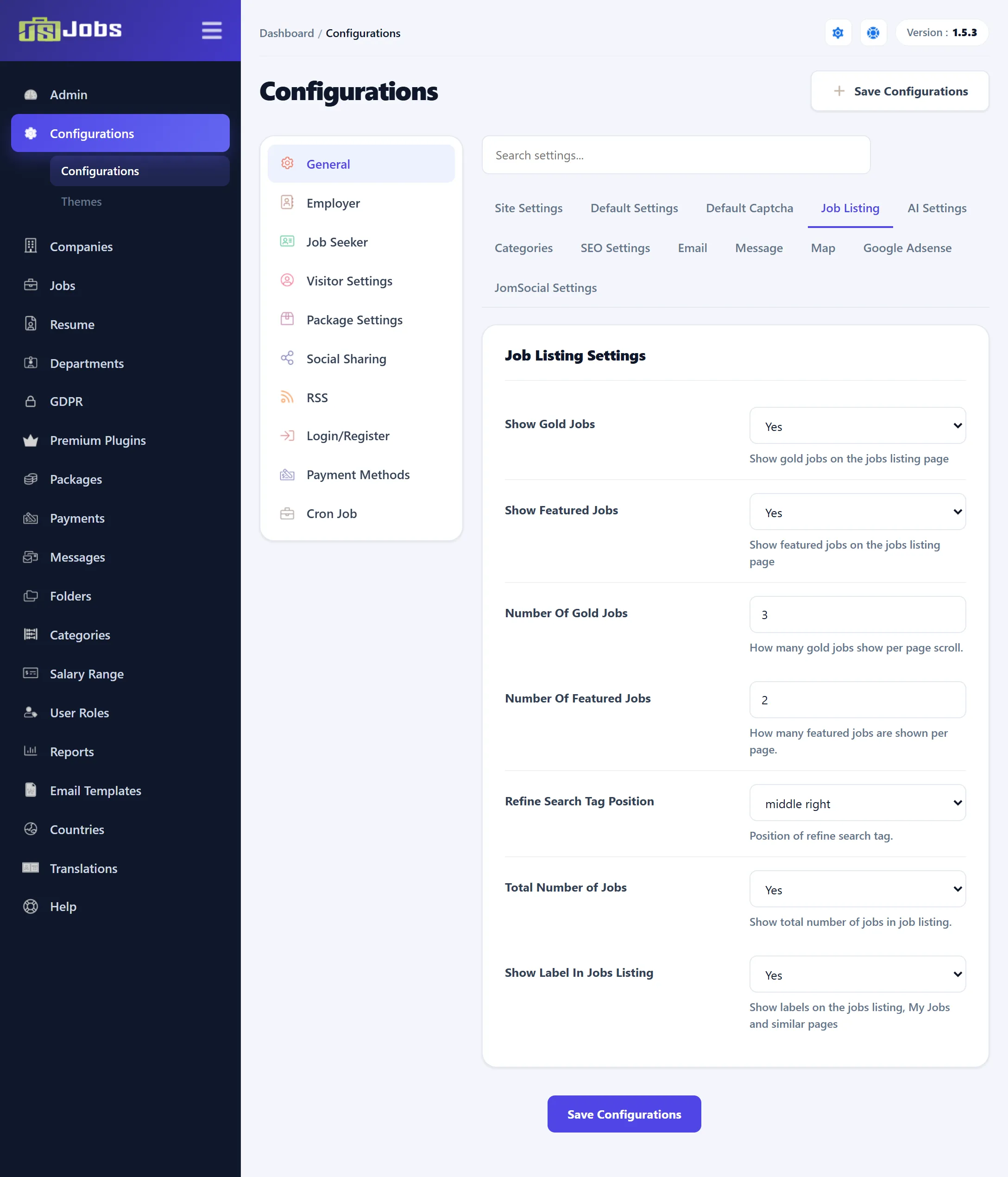 The Job Listing tab of the General configuration section.