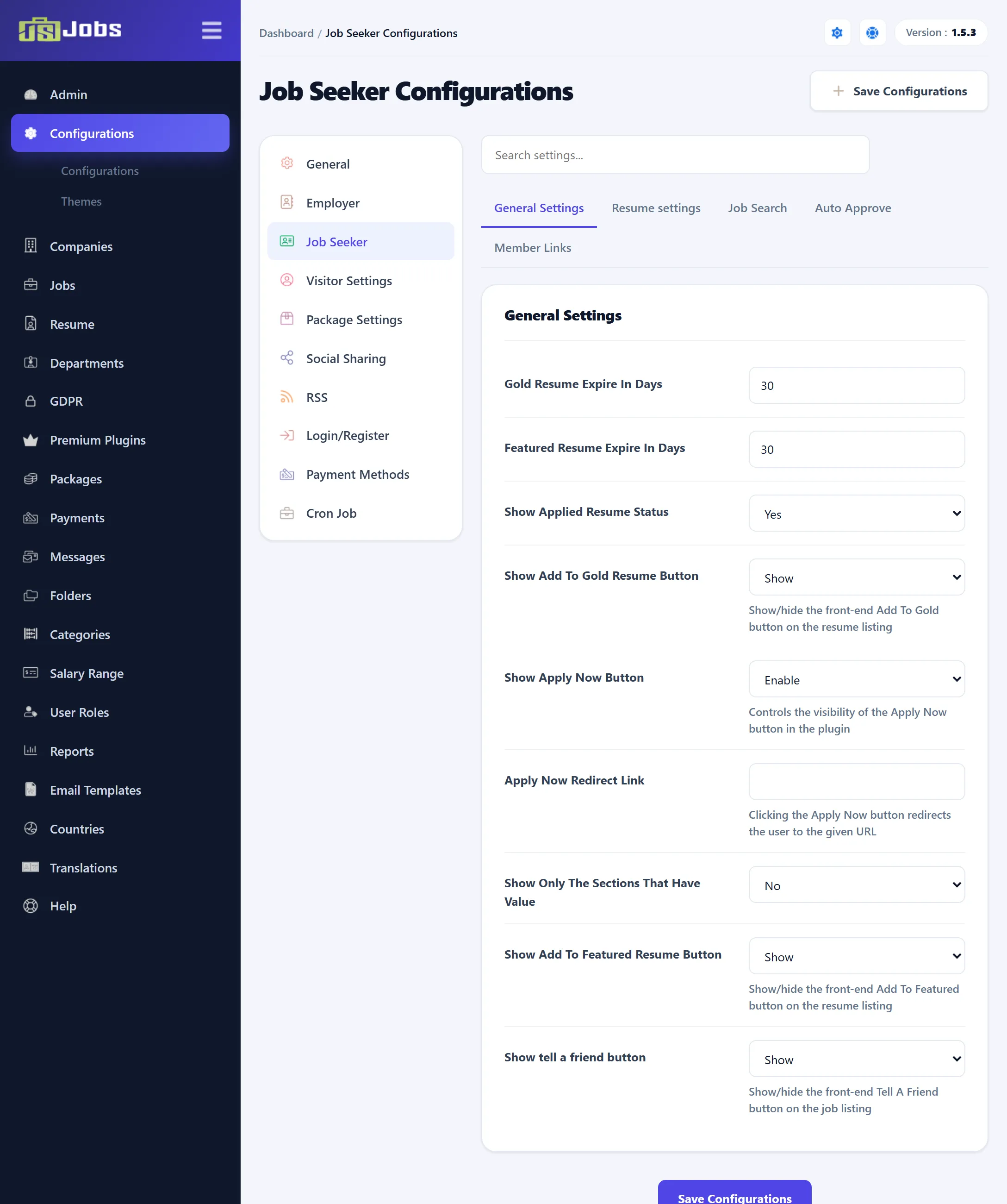 The Job Seeker Configurations page on its General Settings tab.