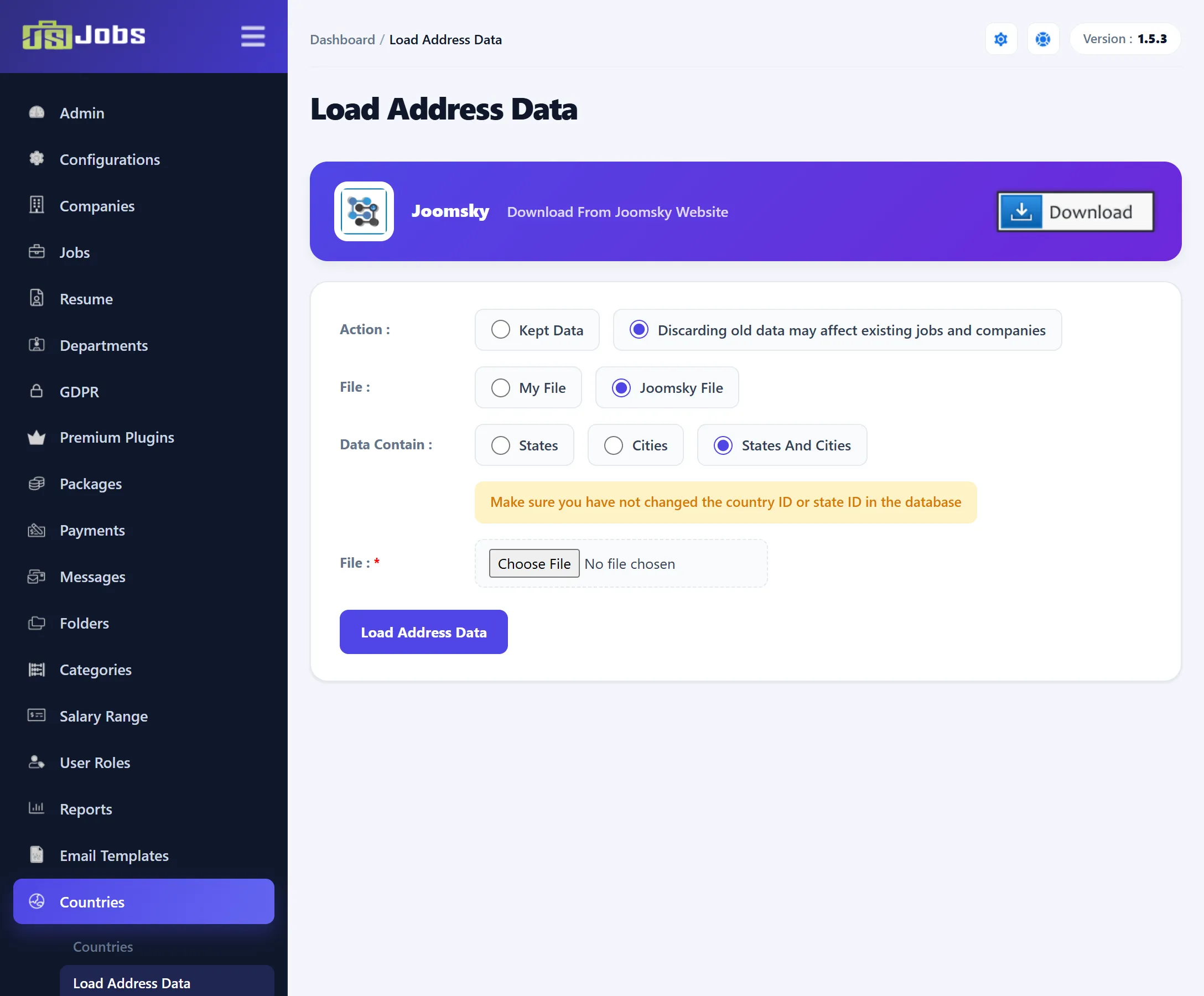 The Load Address Data screen: the Joomsky download link, the Action, File and Data Contain choices, and the file box.