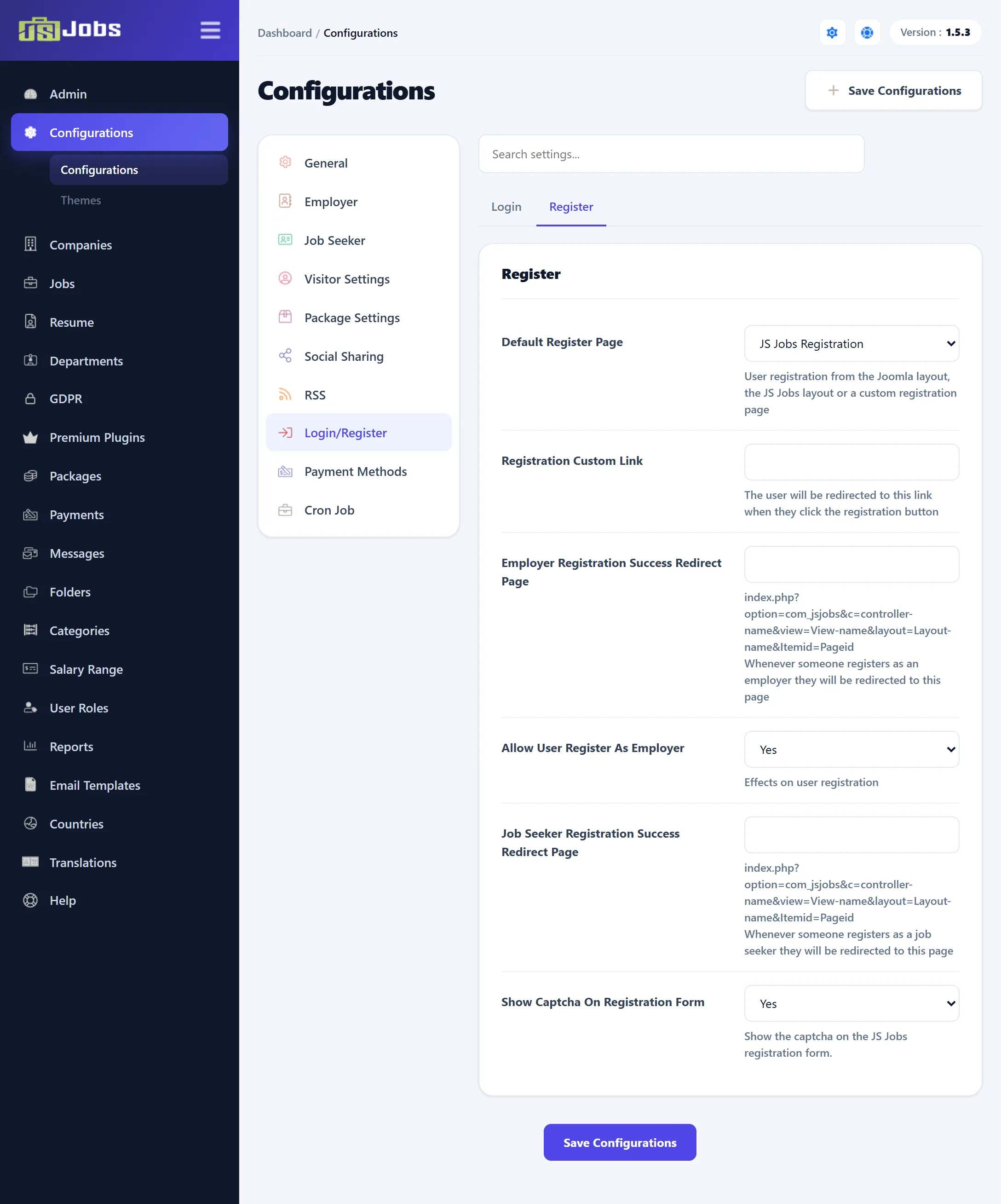 The register tab of the Login/Register configuration section.