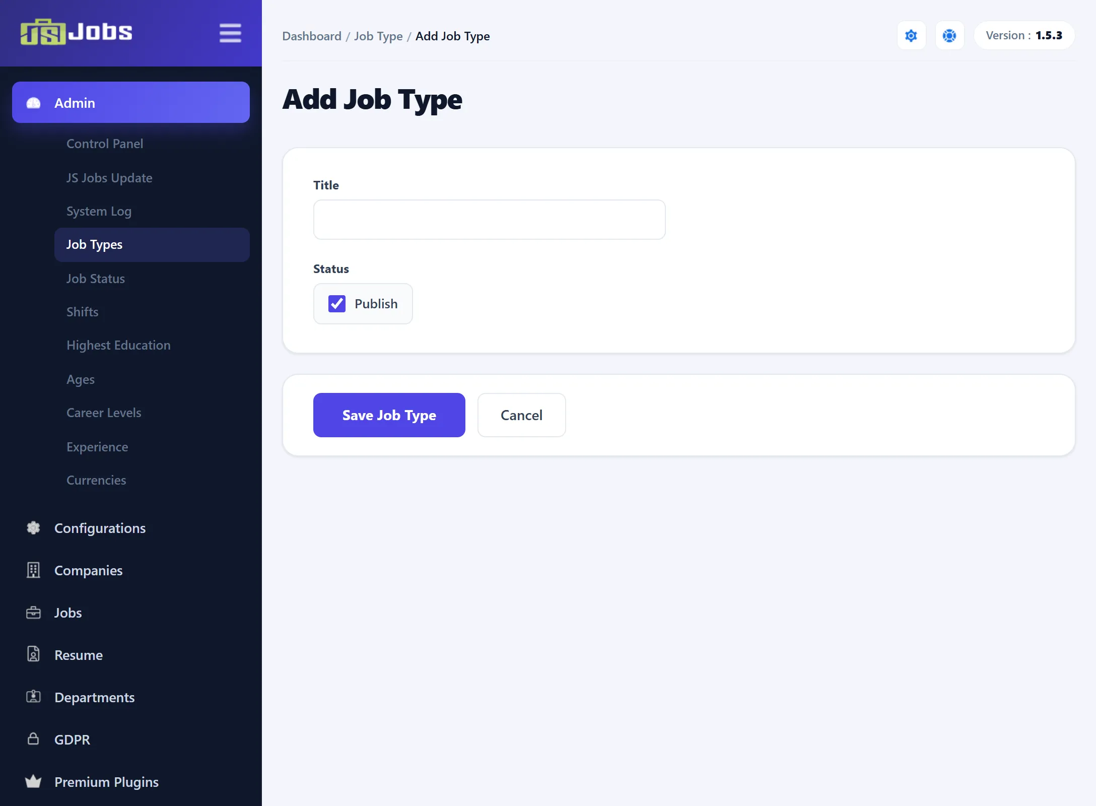 The Add Job Type form with the Title box and the Publish tick.