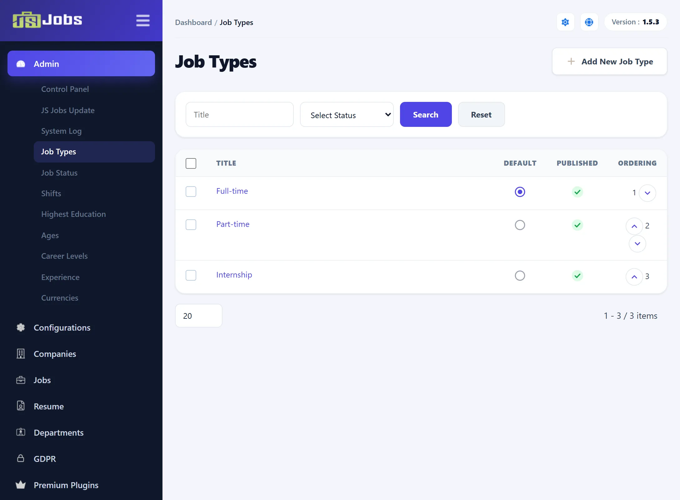 The Job Types list: Title, Default, Published and Ordering columns, with Full-time marked as the default.