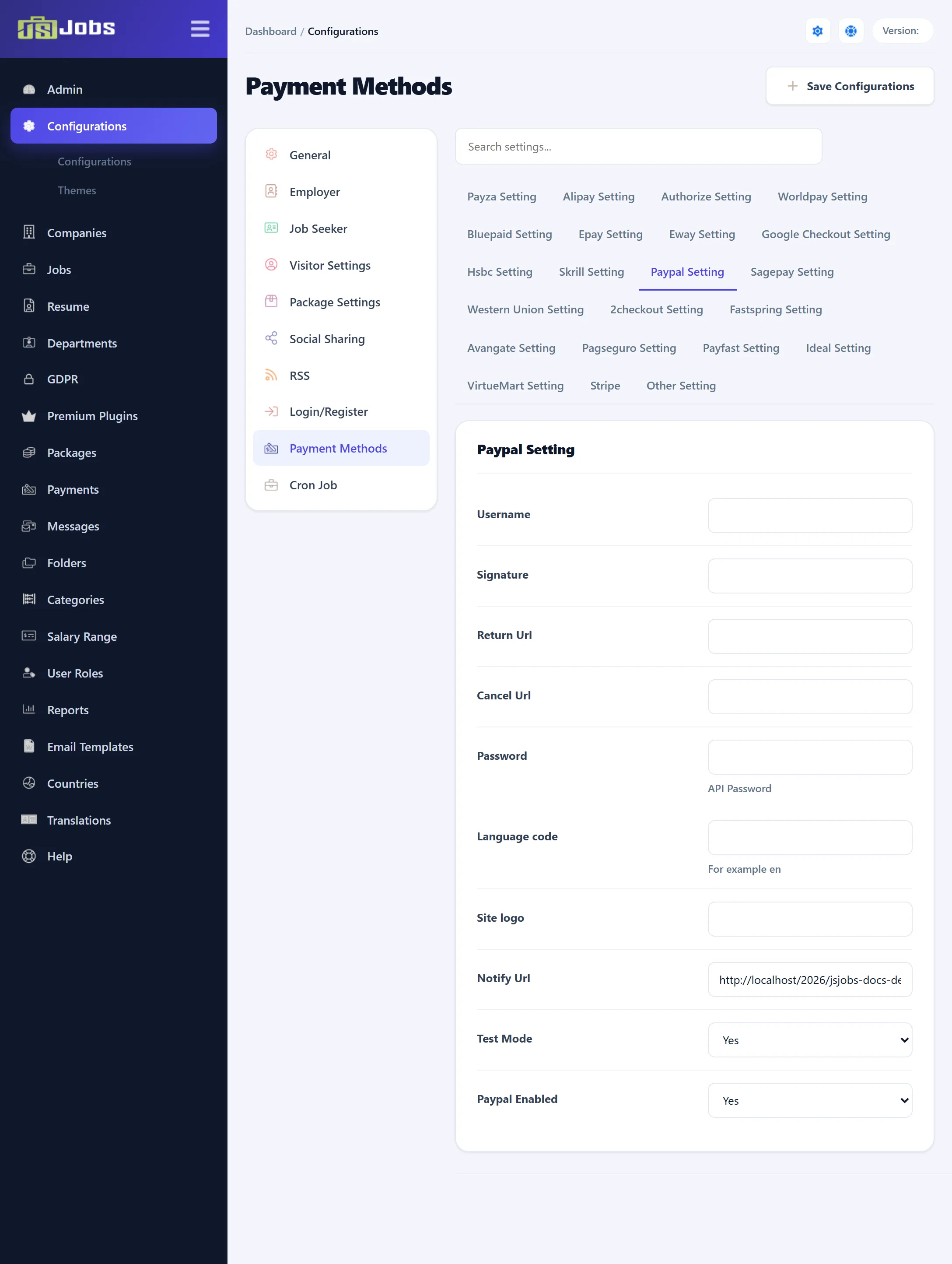 The Payment Methods screen on its Paypal Setting tab.