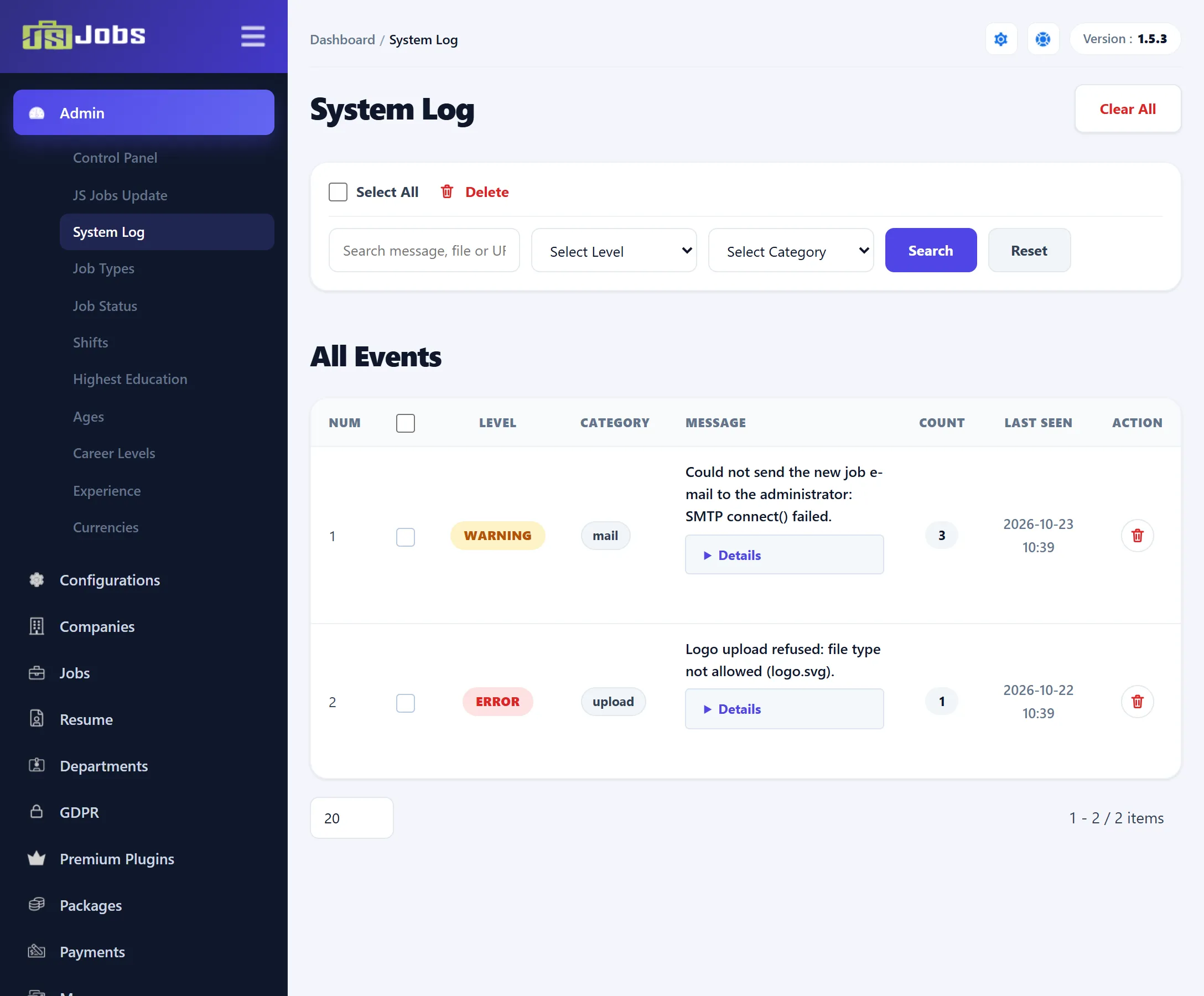 The System Log screen: the search box, Level and Category filters, and a list with Level, Category, Message, Count and Last Seen columns.