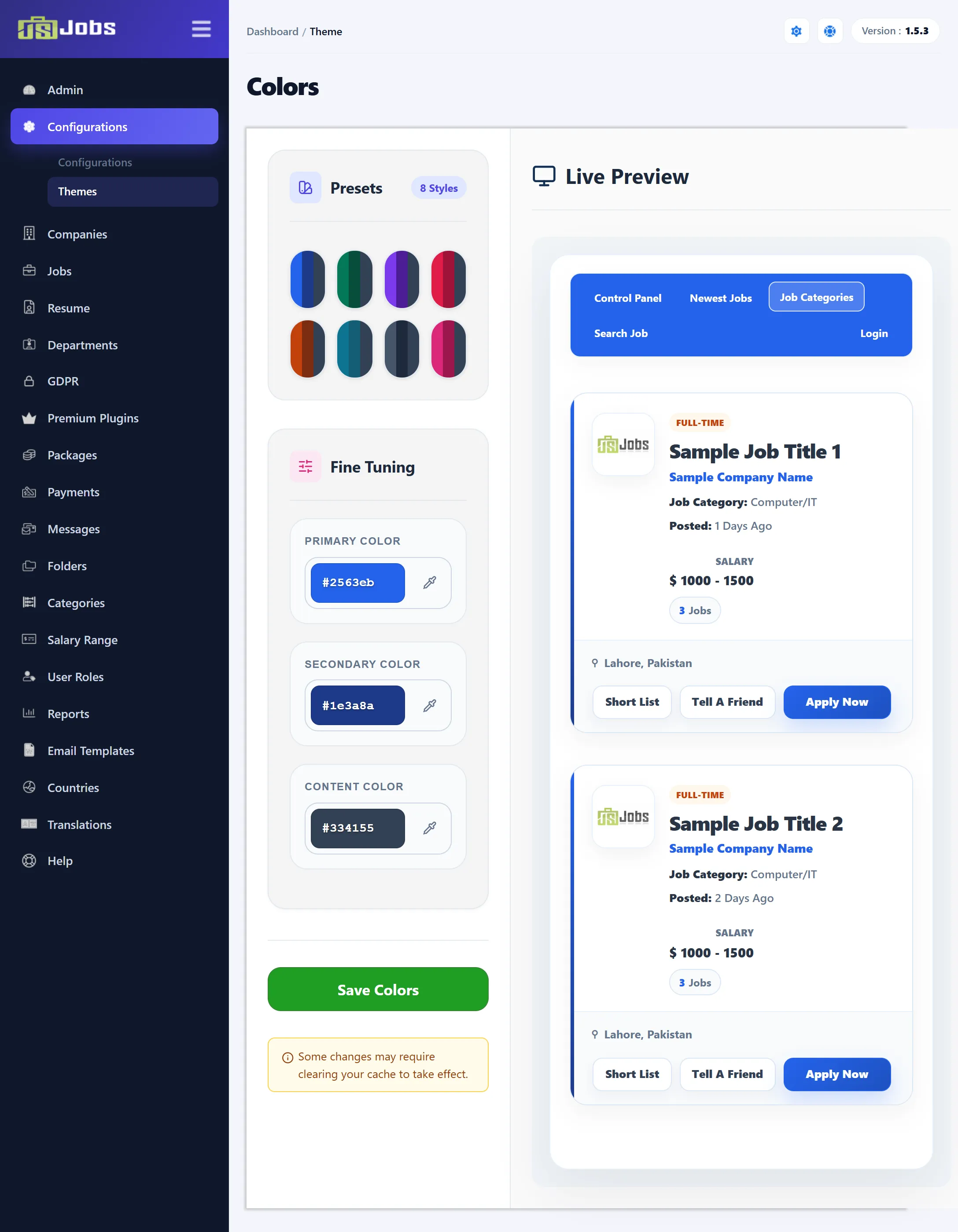 The Themes screen: the colour presets, the three Fine Tuning colour boxes, the Save Colors button and the Live Preview of a jobs list.