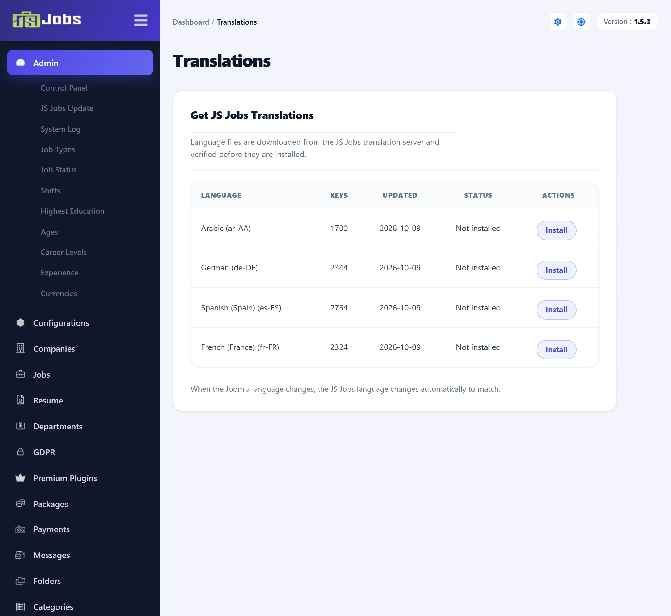 The Translations screen after Get Translations: a table of languages with Keys, Updated, Status and an Install button on each row.