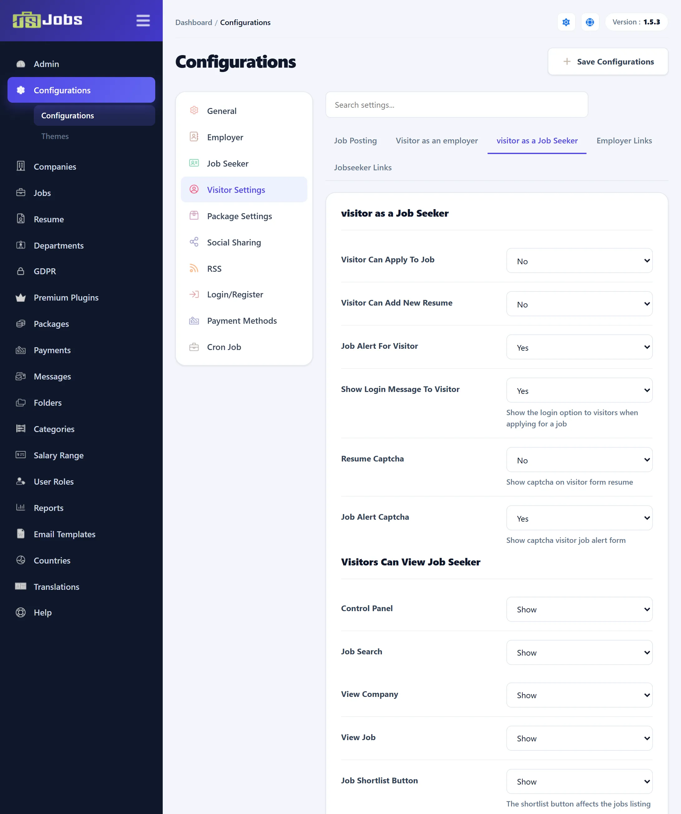 The Visitor Settings section on its Visitor As A Job Seeker tab.
