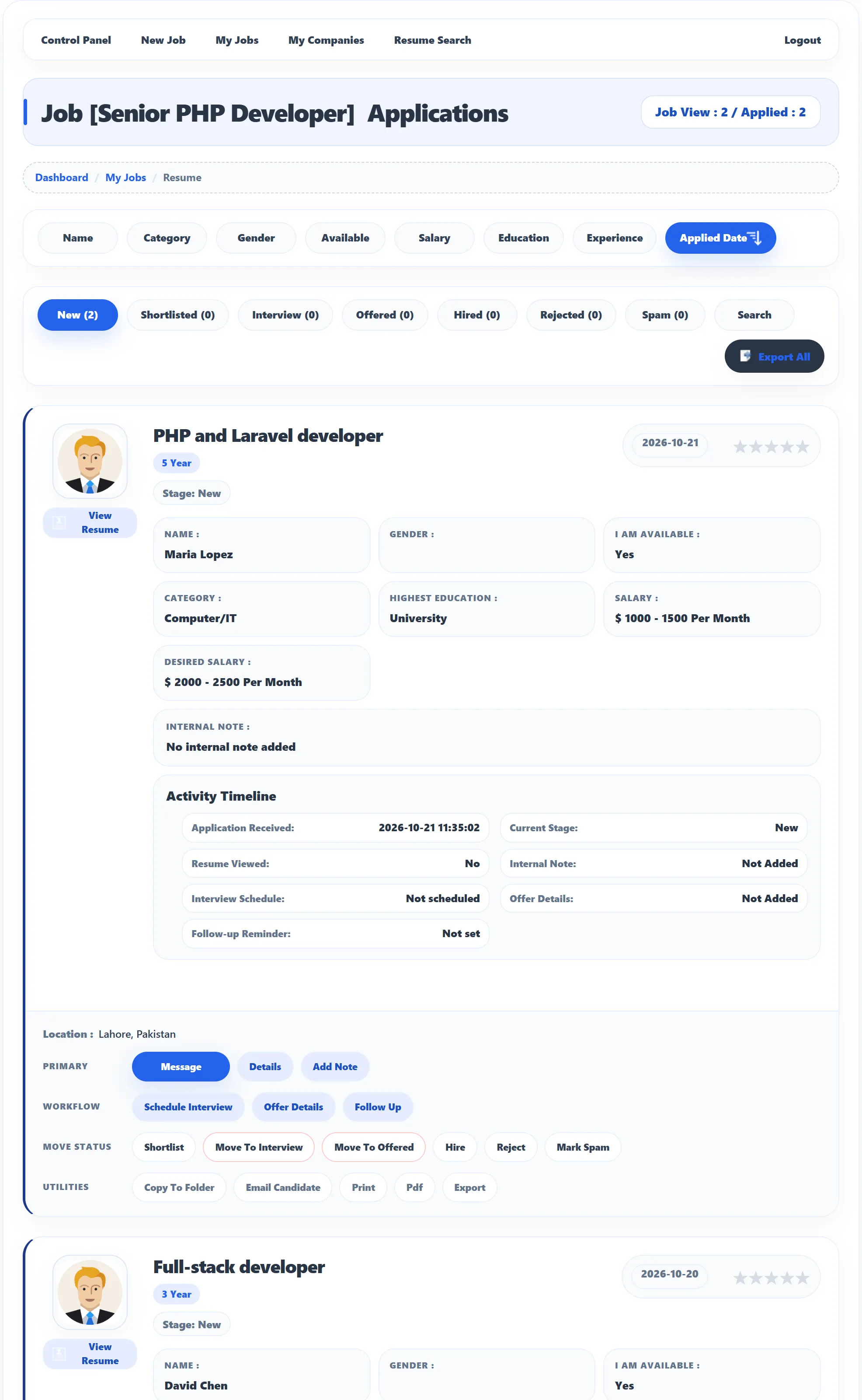 The applications page for Senior PHP Developer: sort buttons, the stage tabs New (2), Shortlisted (0), Interview (0), Offered (0), Hired (0), Rejected (0), Spam (0) and Search, the Export All button, and Maria Lopez’s application with her photo, View Resume, stage New, the apply date, empty rating stars, her details, the internal note, the activity timeline and the action buttons.