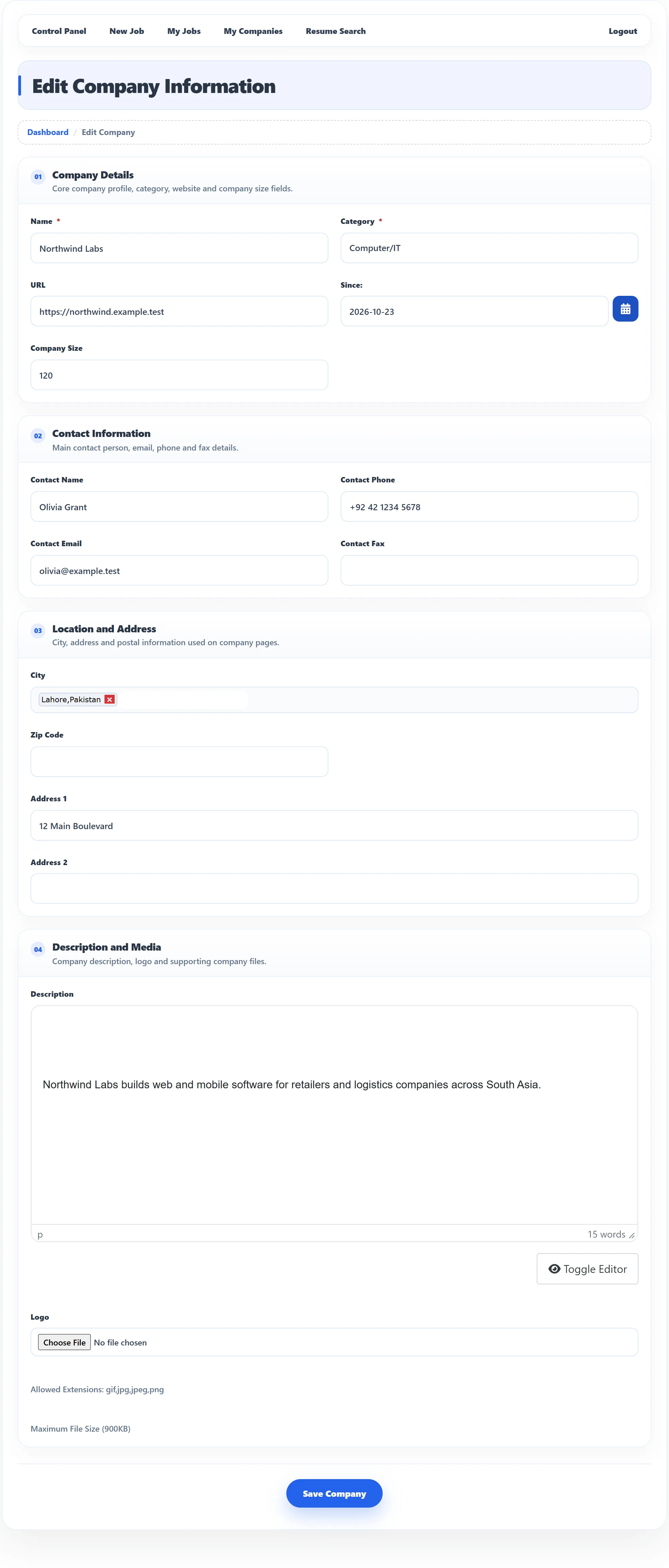 The Edit Company Information form for Northwind Labs, in four numbered sections: Company Details (Name, Category, URL, Since, Company Size), Contact Information, Location and Address (City Lahore, Pakistan, Zip Code, Address 1, Address 2), and Description and Media (Description editor, Logo with allowed extensions gif, jpg, jpeg, png and a 900 KB limit), then the Save Company button.