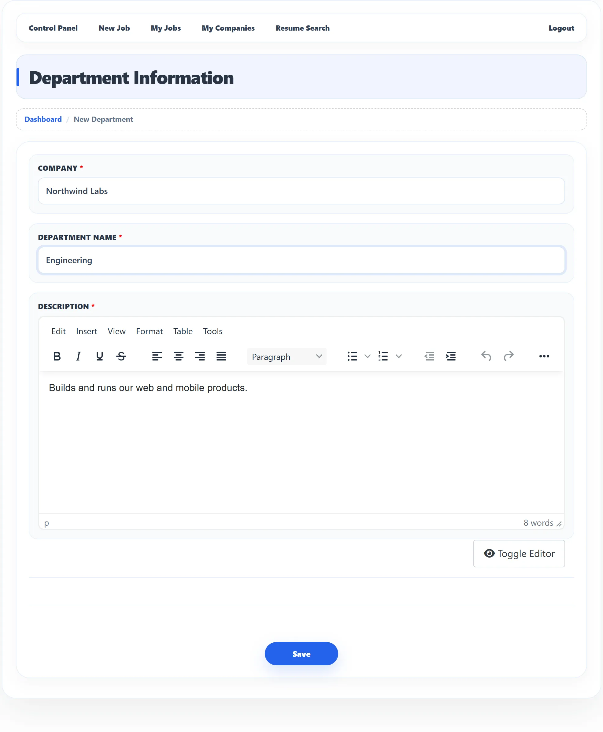 The Department Information form: Company set to Northwind Labs, Department Name filled in with Engineering, a short description in the editor, and the Save button.