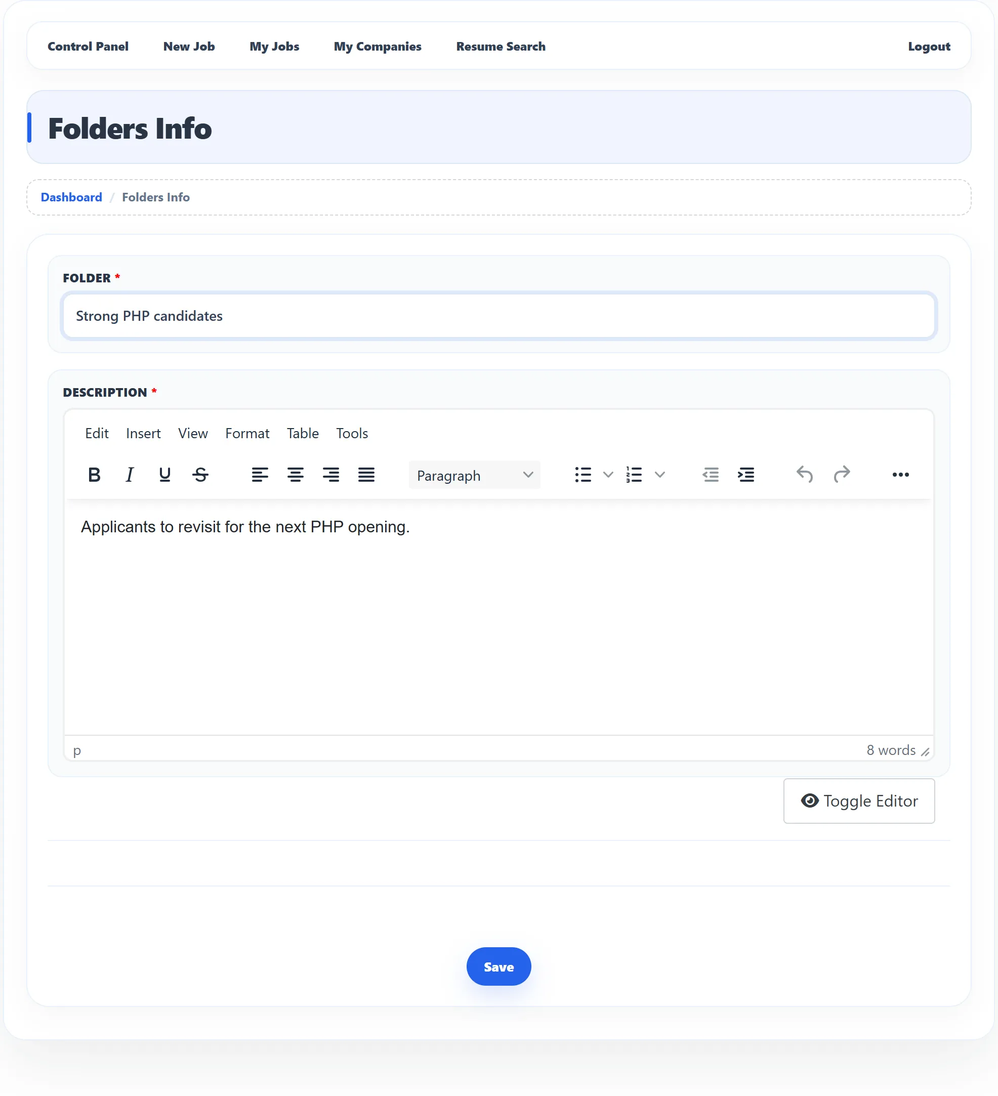 The new folder form with Folder filled in as Strong PHP candidates, a one-line description, and the Save button.