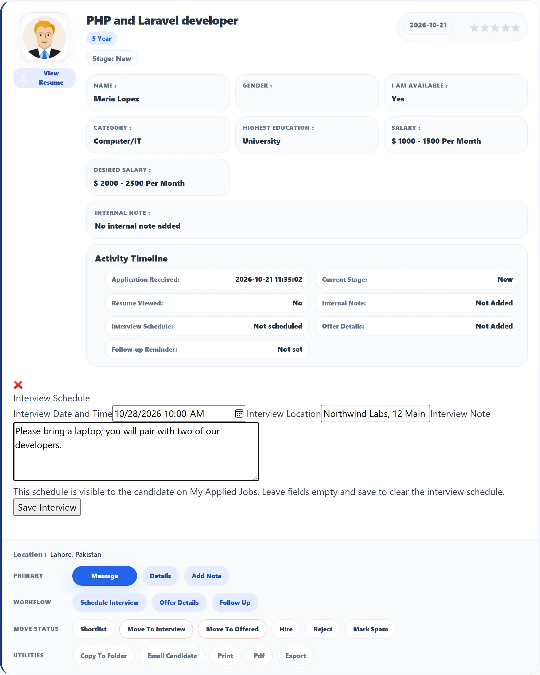 An application card with the Interview Schedule form open: Interview Date and Time, Interview Location and Interview Note filled in, the note that the schedule is visible to the candidate, and the Save Interview button.