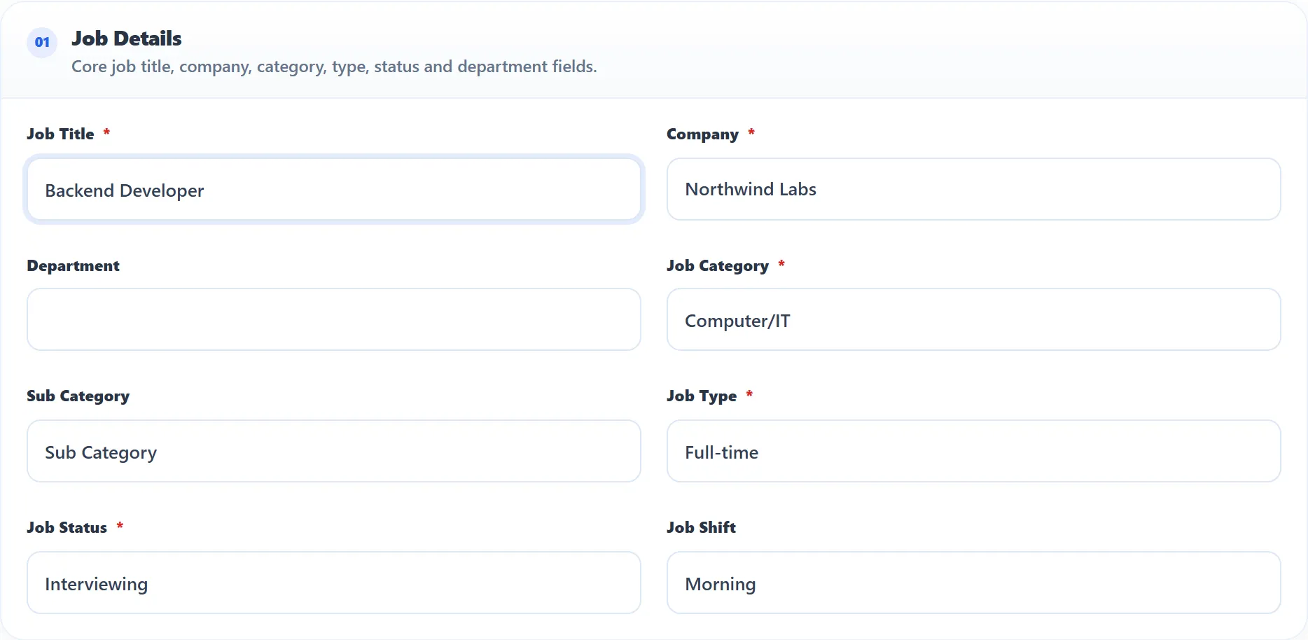 The top of the Job Information form: the Job Details section with Job Title, Company (Northwind Labs), Department, Job Category (Computer/IT), Sub Category, Job Type (Full-time), Job Status and Job Shift.