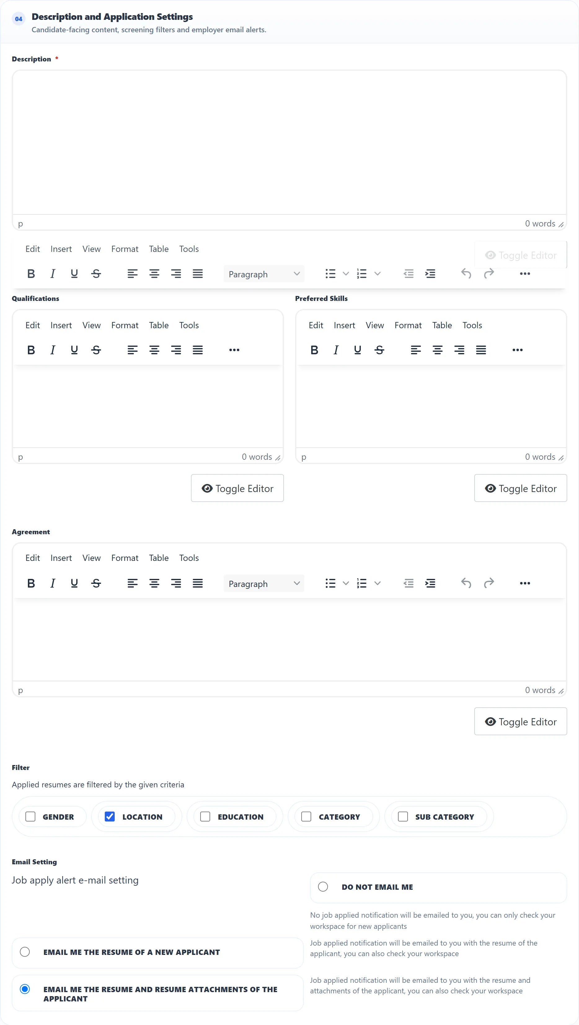 The Description and Application Settings section: the Description, Qualifications, Preferred Skills and Agreement editors, the Filter ticks for gender, location, education, category and sub category, and the three Email Setting choices.