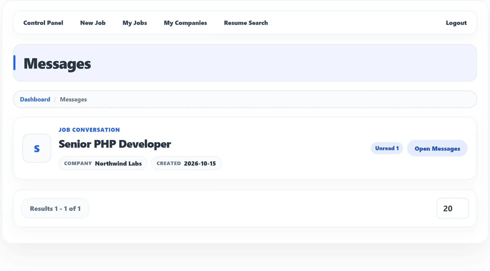 The Messages page with one job conversation, Senior PHP Developer at Northwind Labs, showing one unread message and the Open Messages button.
