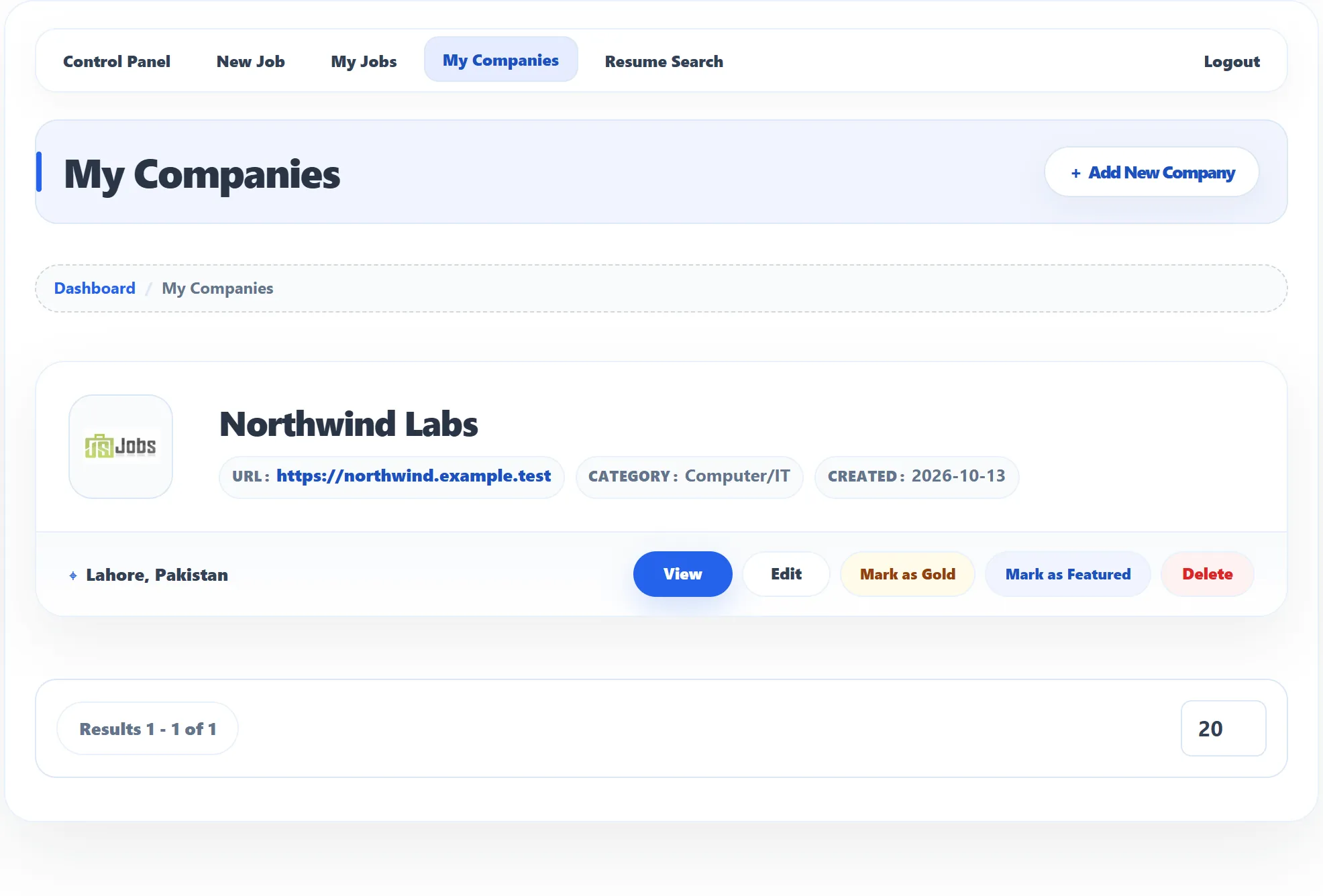 My Companies with one company, Northwind Labs: its logo, URL, category Computer/IT and creation date, Lahore, Pakistan, and the View, Edit, Mark as Gold, Mark as Featured and Delete buttons.