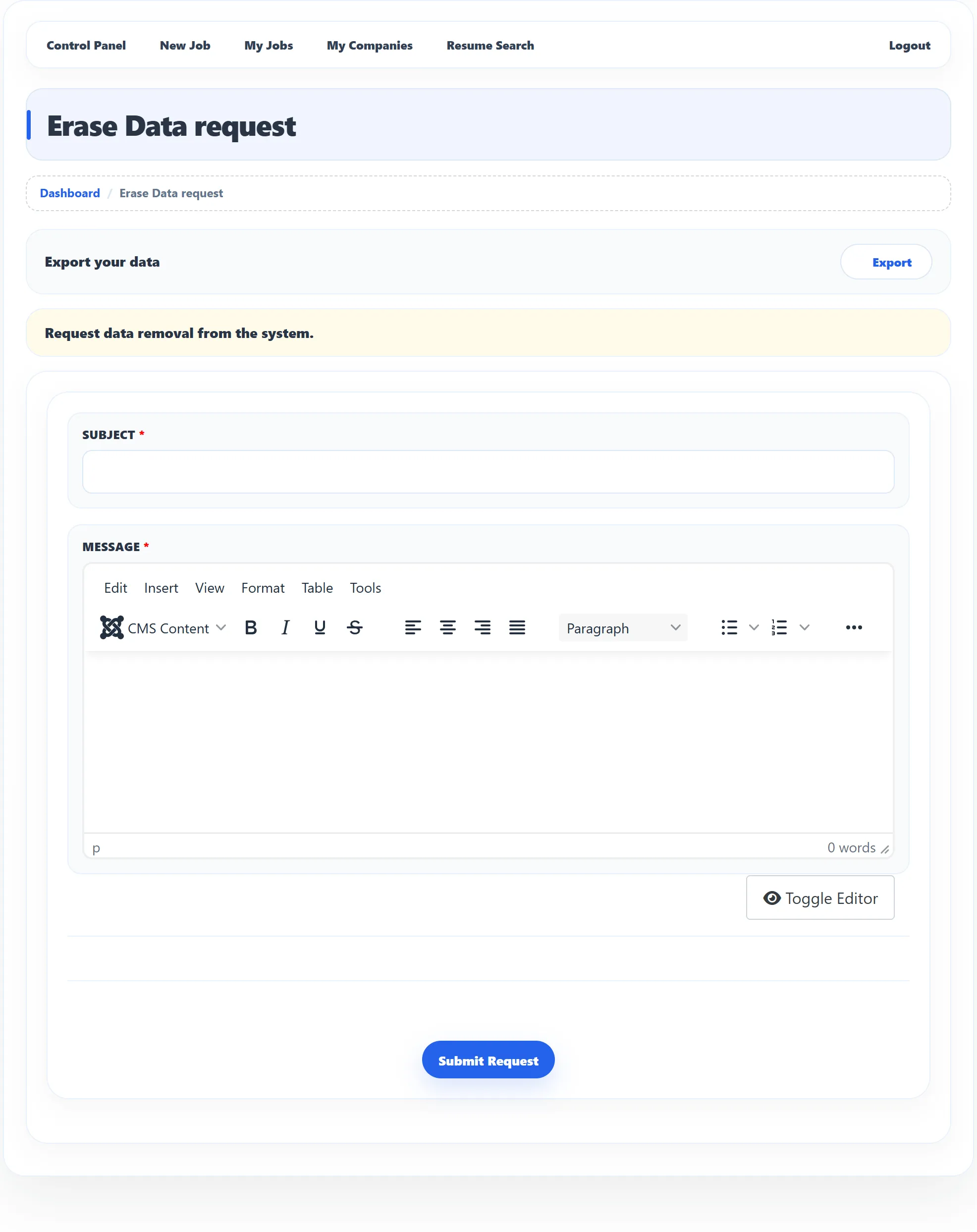 The Erase Data request page: Export your data with an Export button, the line Request data removal from the system, and the form with Subject and Message and the Submit Request button.