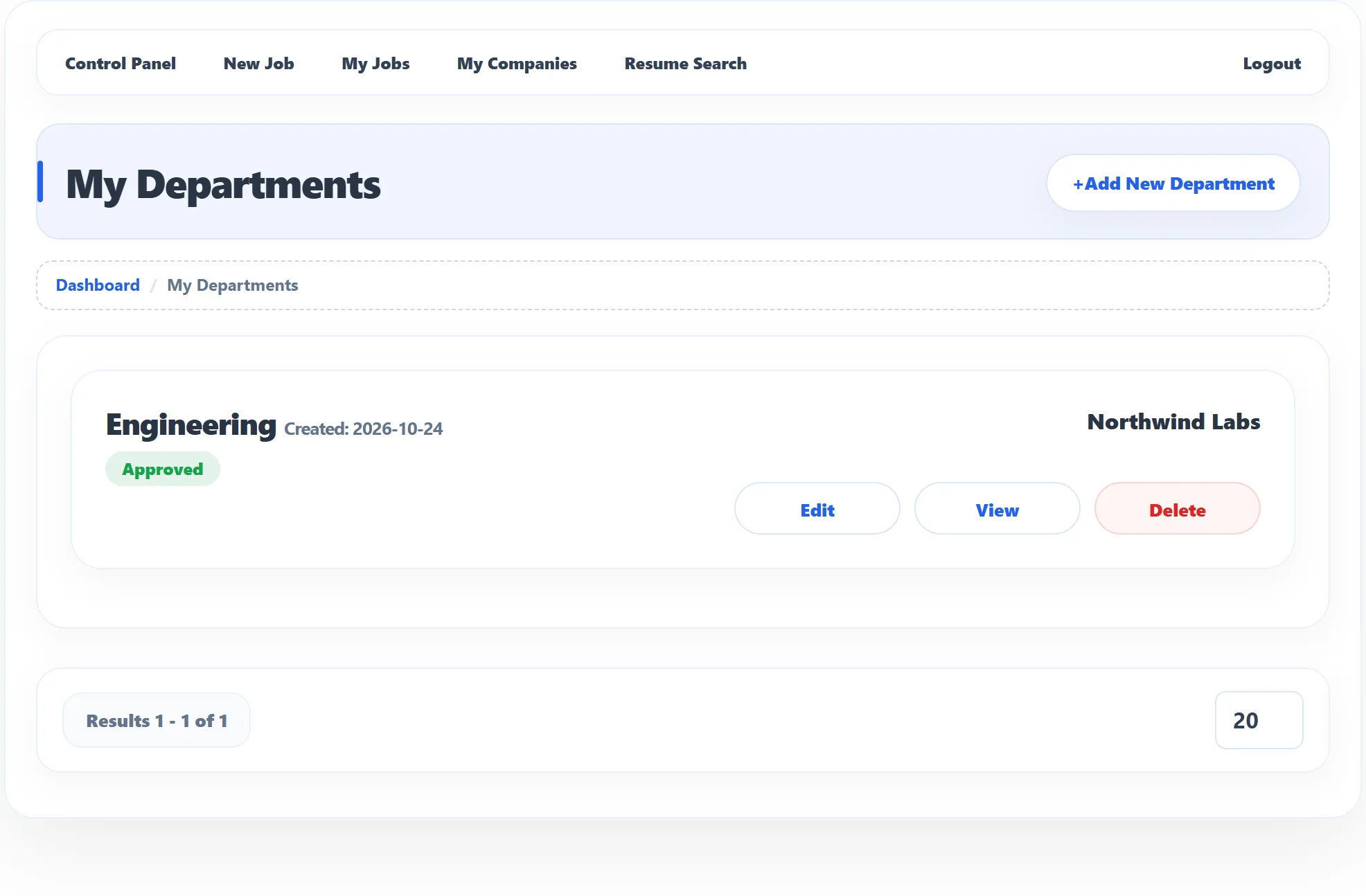 My Departments with one approved department, Engineering, created today for Northwind Labs, with the Edit, View and Delete buttons.