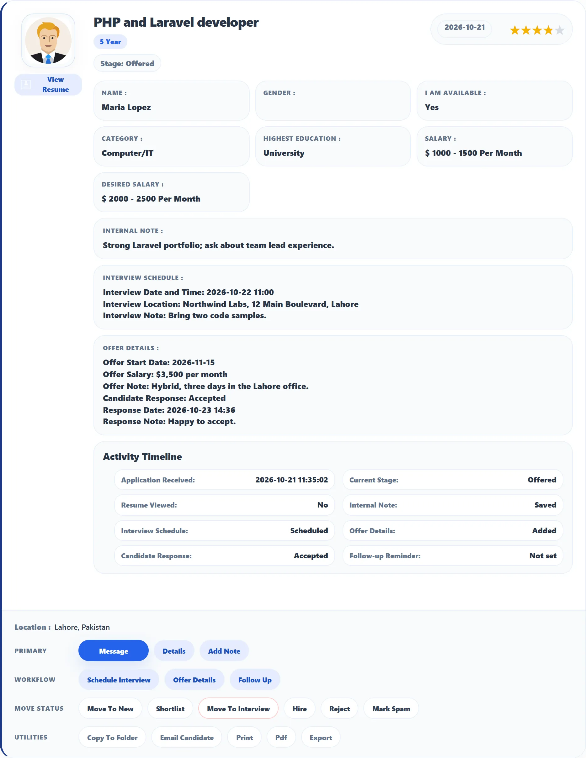 An application card showing the Offer Details summary: offer start date, offer salary, offer note and Candidate Response Accepted with its date and note.