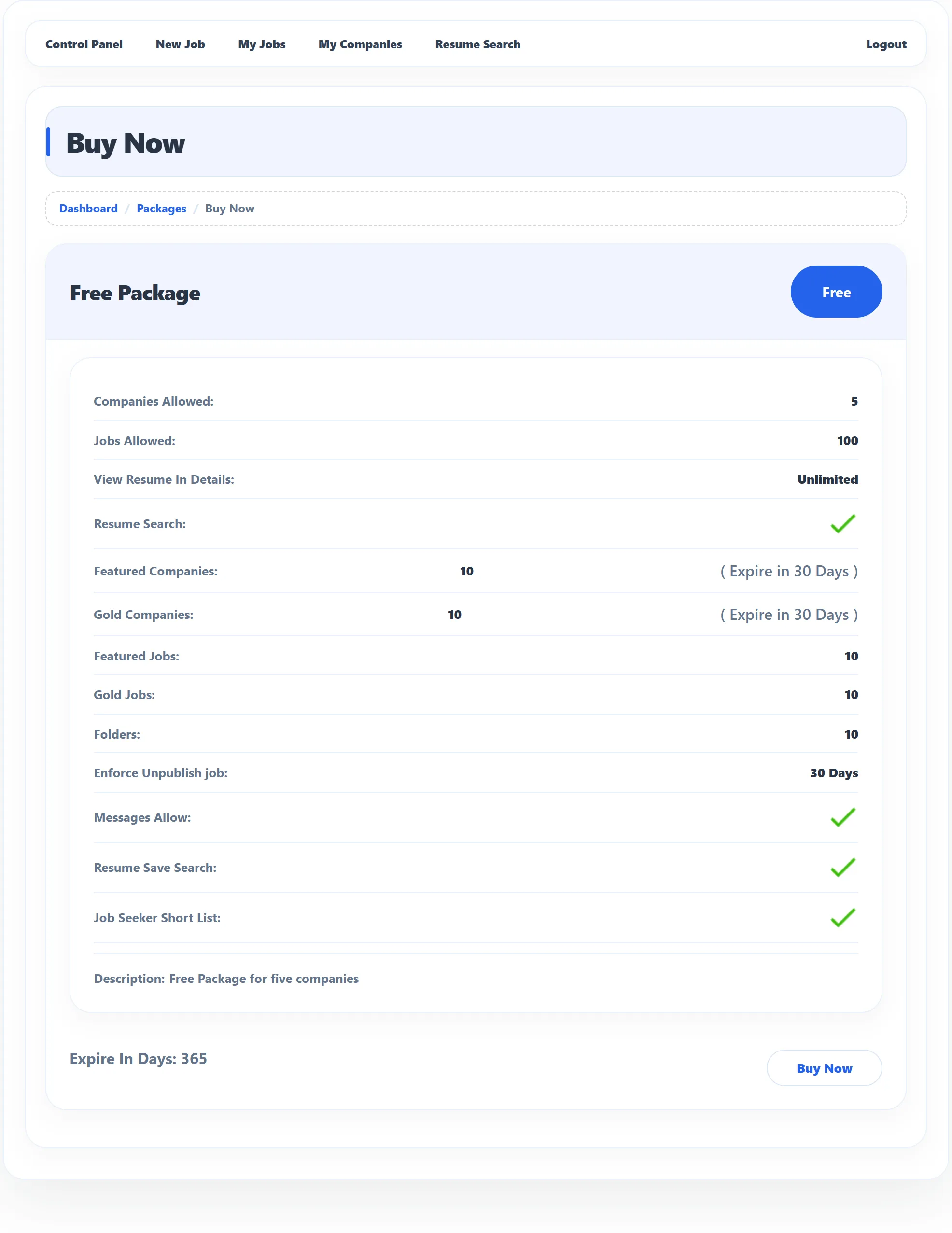The Buy Now page for the Free Package, listing everything it includes (companies, jobs, resume views, resume search, featured and gold companies with their 30-day duration, featured and gold jobs, folders, Enforce Unpublish job 30 Days, messages, saved searches) and Expire In Days 365 with the Buy Now button.