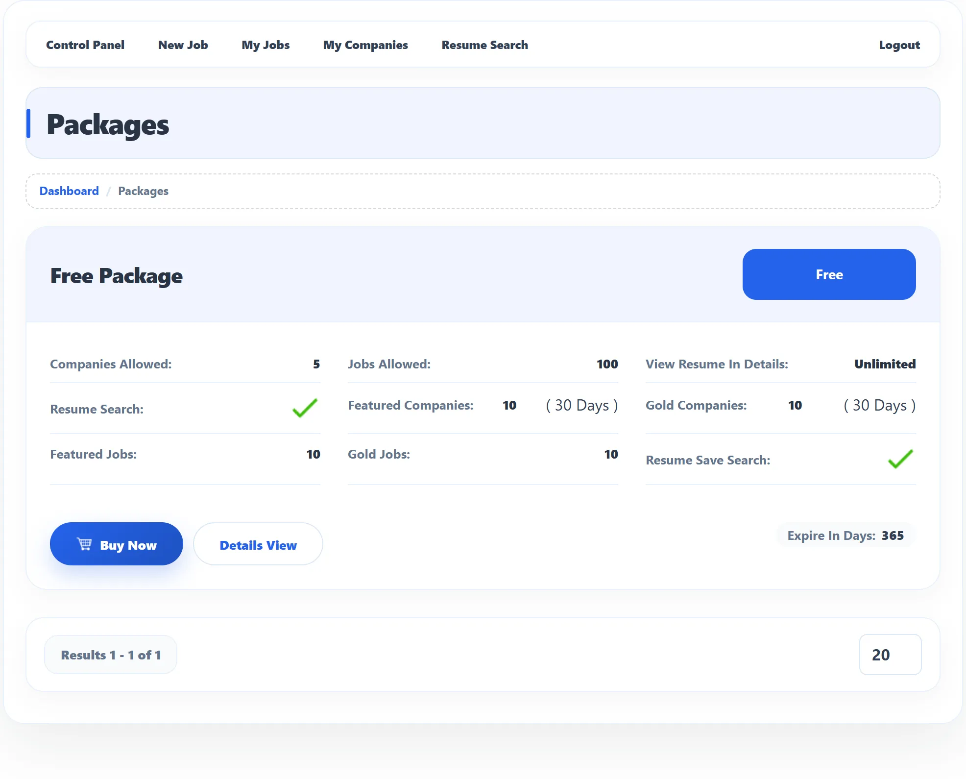 The Packages page with the Free Package: Companies Allowed 5, Jobs Allowed 100, View Resume In Details Unlimited, Resume Search ticked, 10 Featured Companies and 10 Gold Companies for 30 days each, 10 Featured Jobs, 10 Gold Jobs, Resume Save Search ticked, Expire In Days 365, and the Buy Now and Details View buttons.